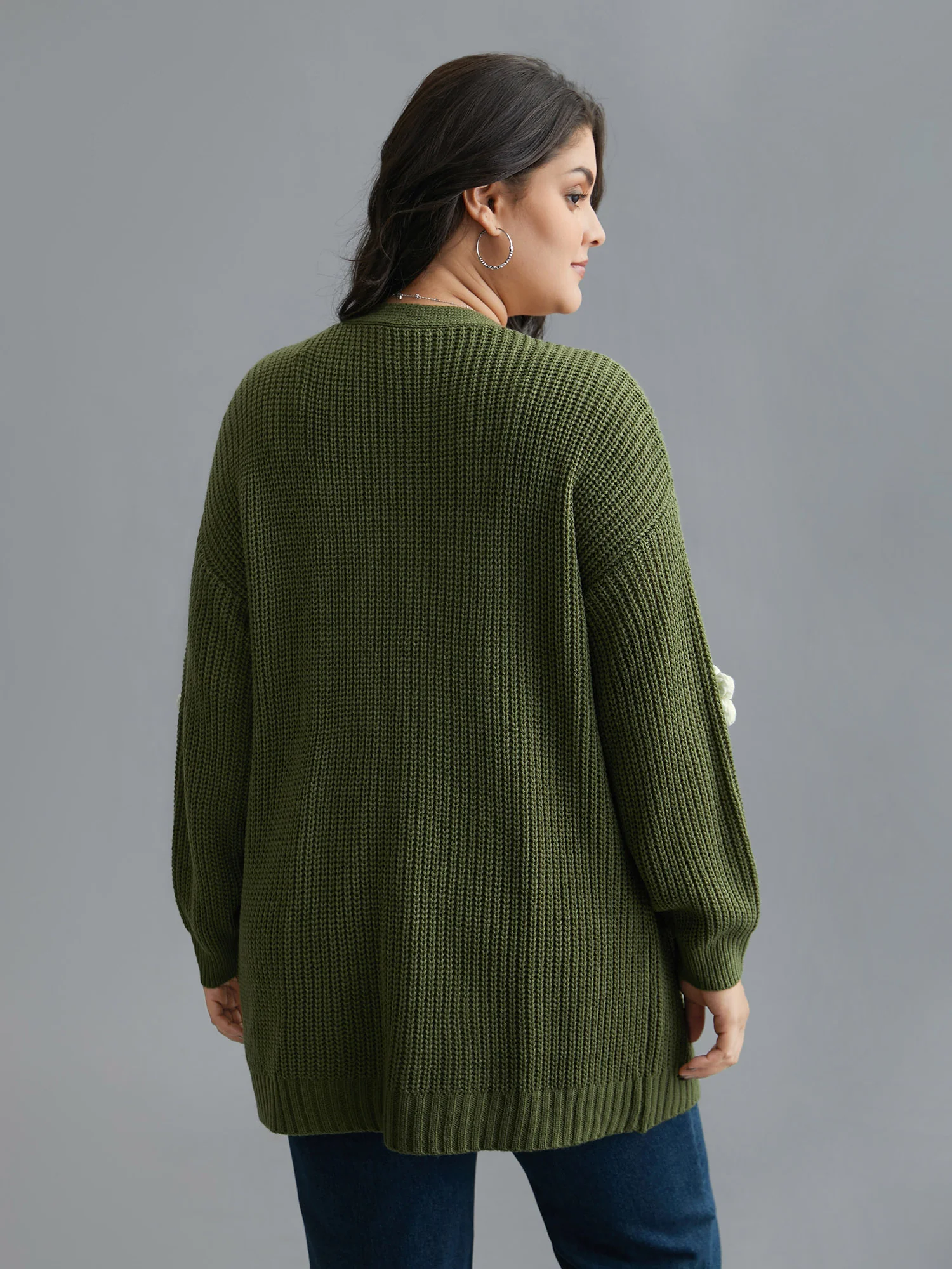 Floral Motifs V-Neck Pockets Knit Cardigan - Image 2
