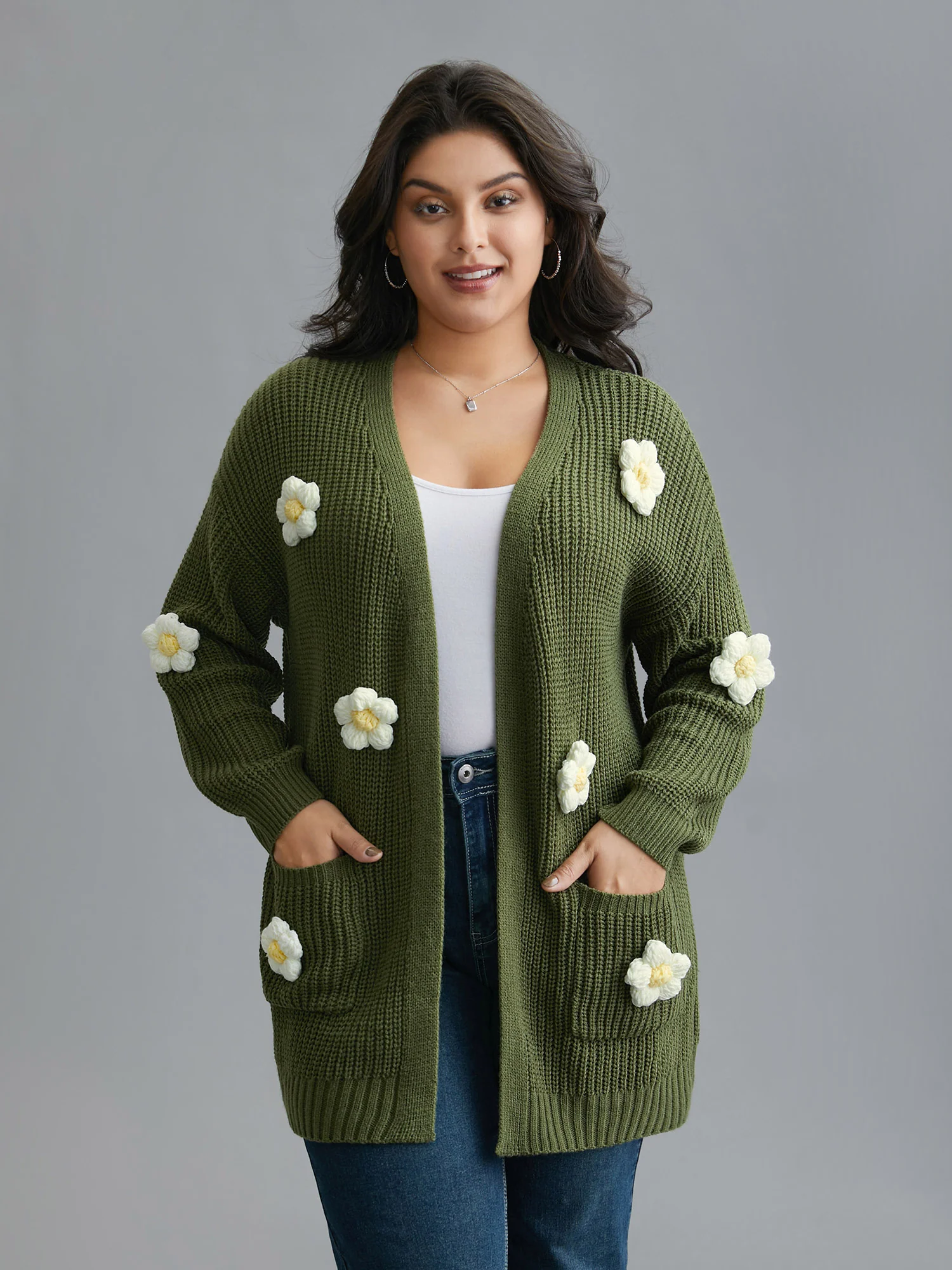 Floral Motifs V-Neck Pockets Knit Cardigan - Image 3