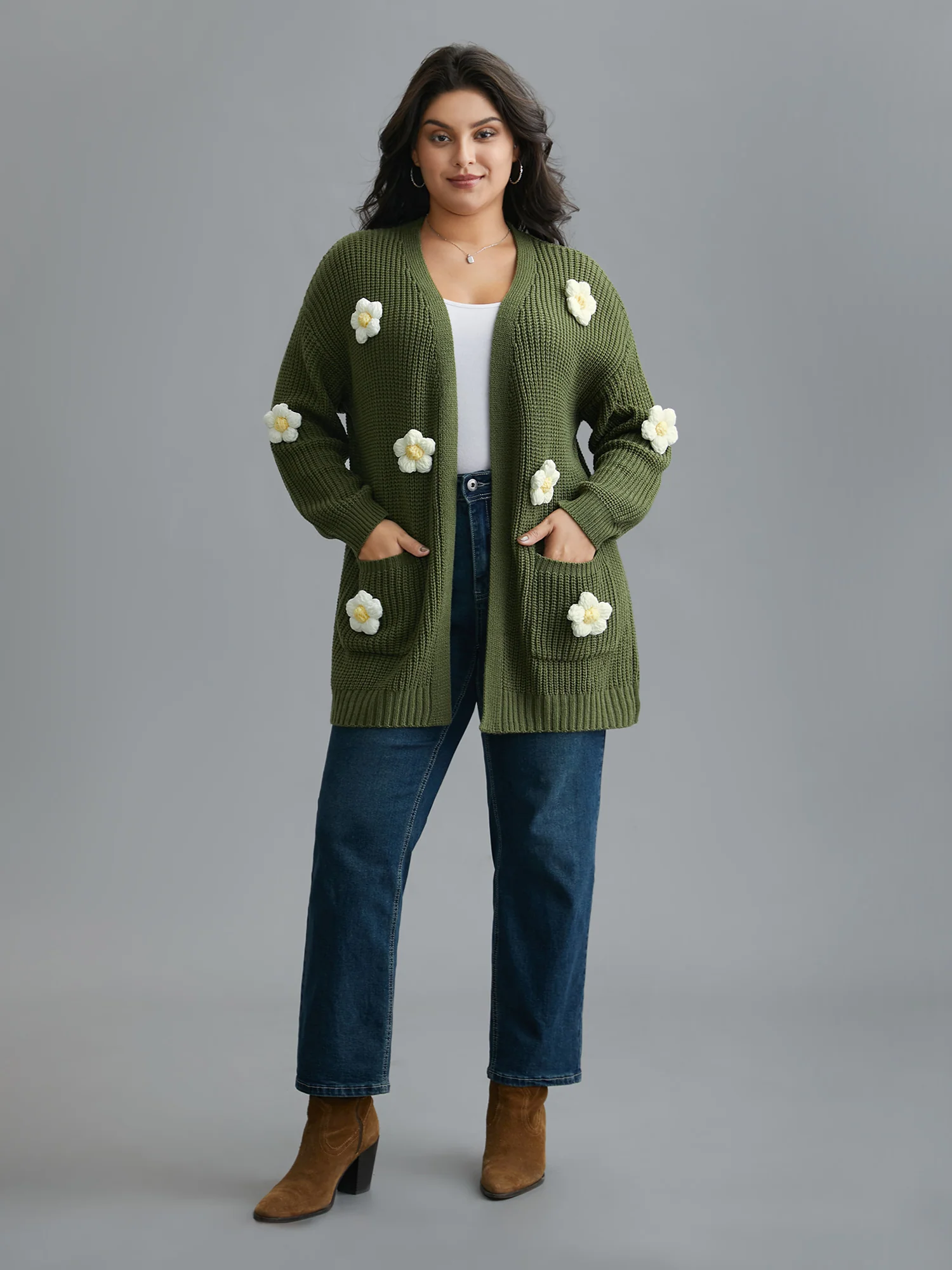 Floral Motifs V-Neck Pockets Knit Cardigan - Image 4