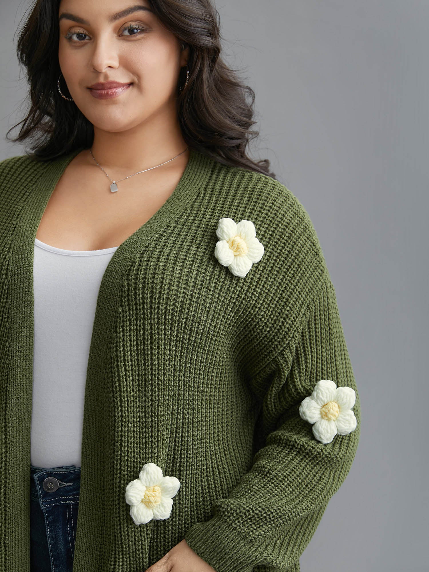 Floral Motifs V-Neck Pockets Knit Cardigan - Image 5