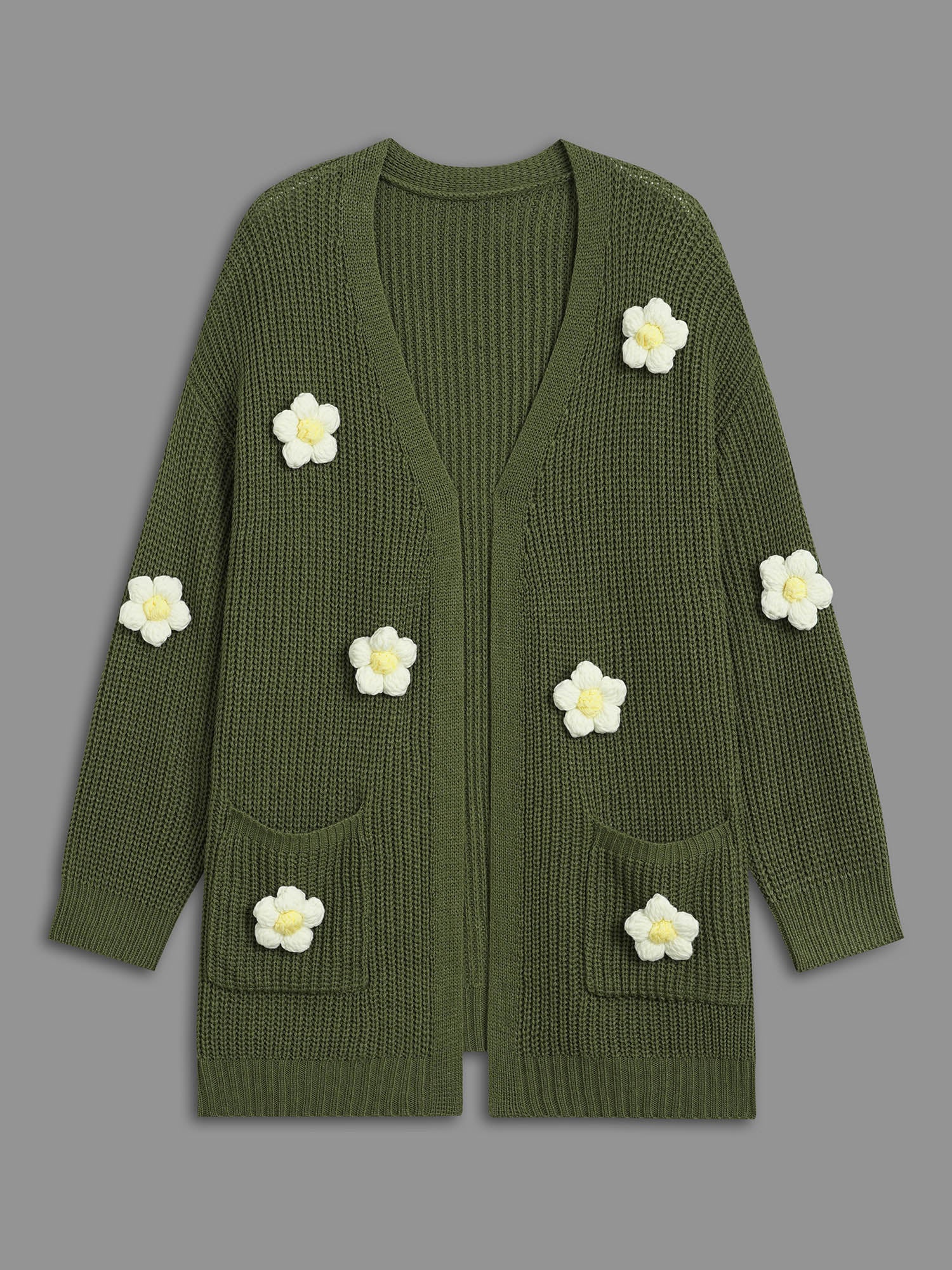 Floral Motifs V-Neck Pockets Knit Cardigan - Image 8