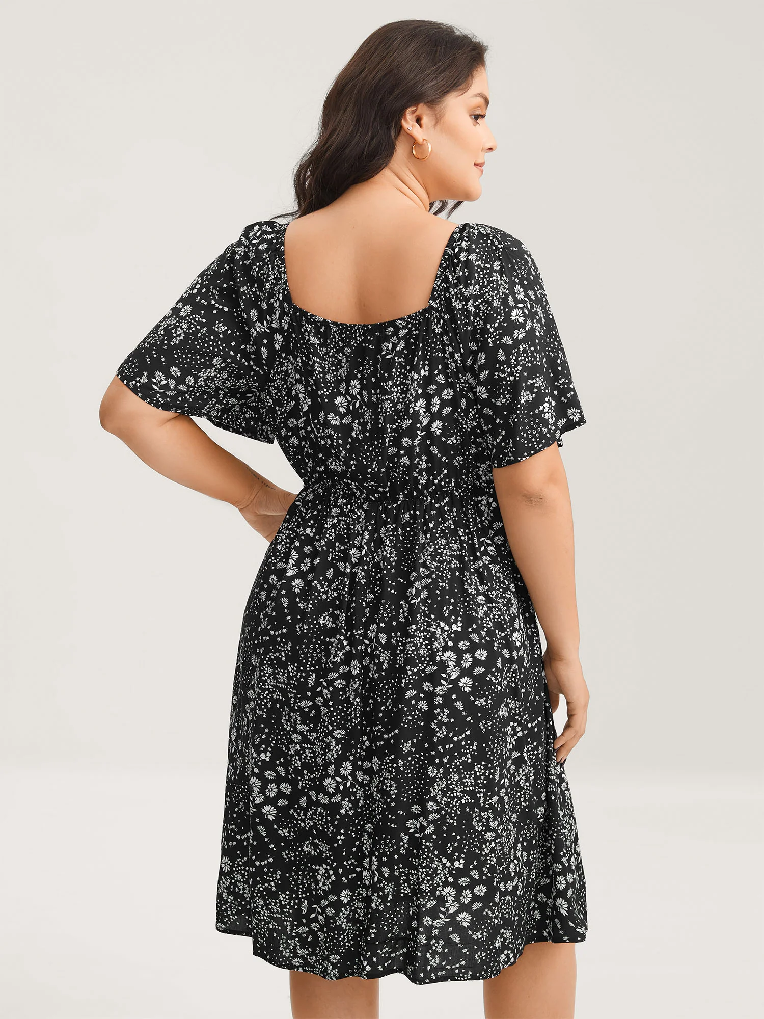 Floral Neck Drawstring Flared Sleeve Midi Dress - Image 4