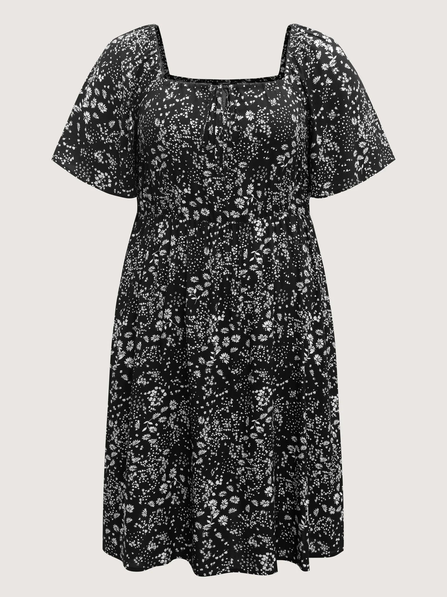 Floral Neck Drawstring Flared Sleeve Midi Dress - Image 7