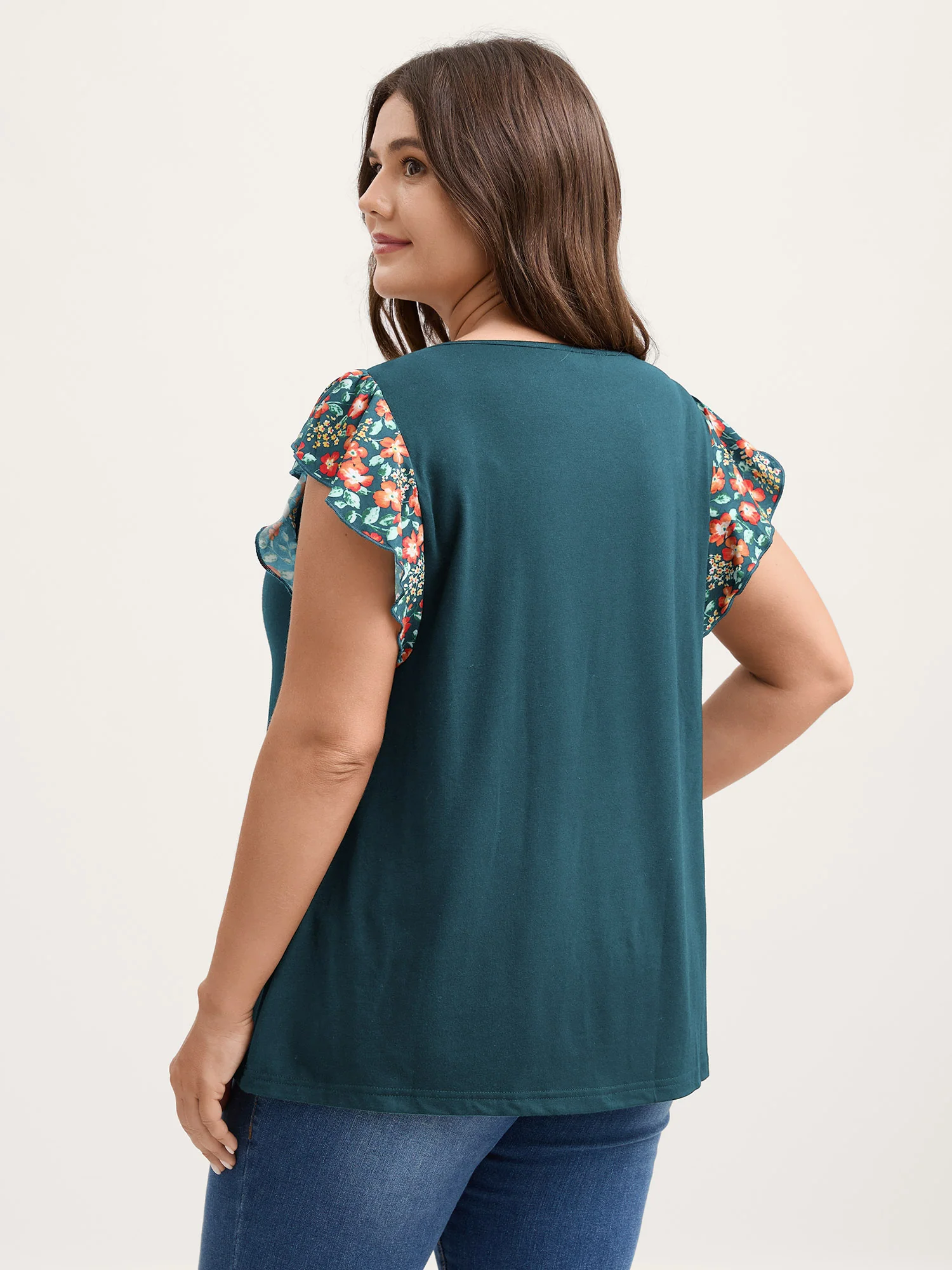 Floral Neckline Flutter Sleeve Contrast T-Shirt - Image 11