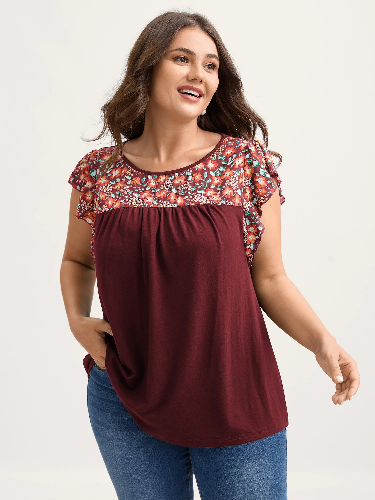 Floral Neckline Flutter Sleeve Contrast T-Shirt - Image 13