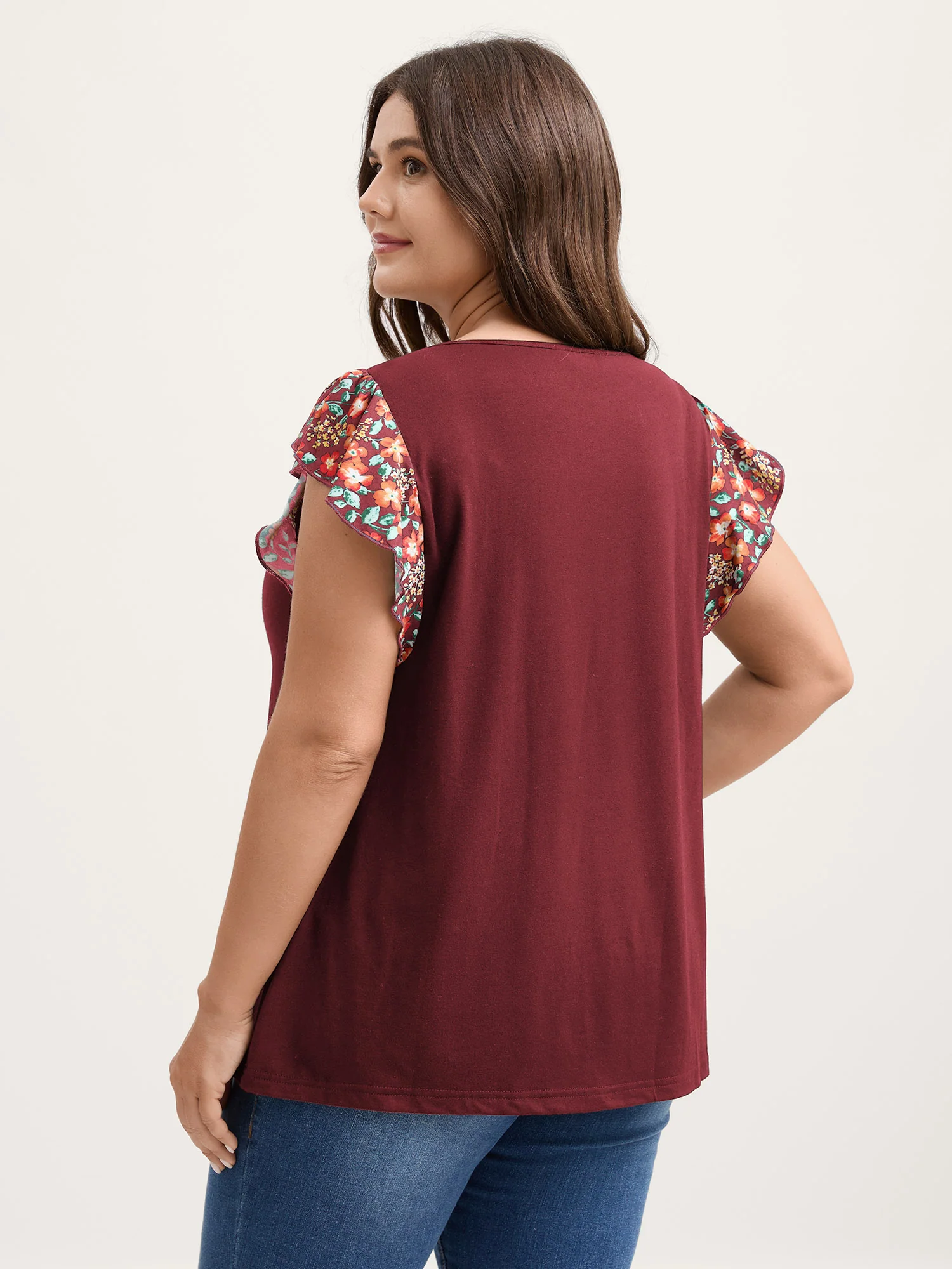 Floral Neckline Flutter Sleeve Contrast T-Shirt - Image 15