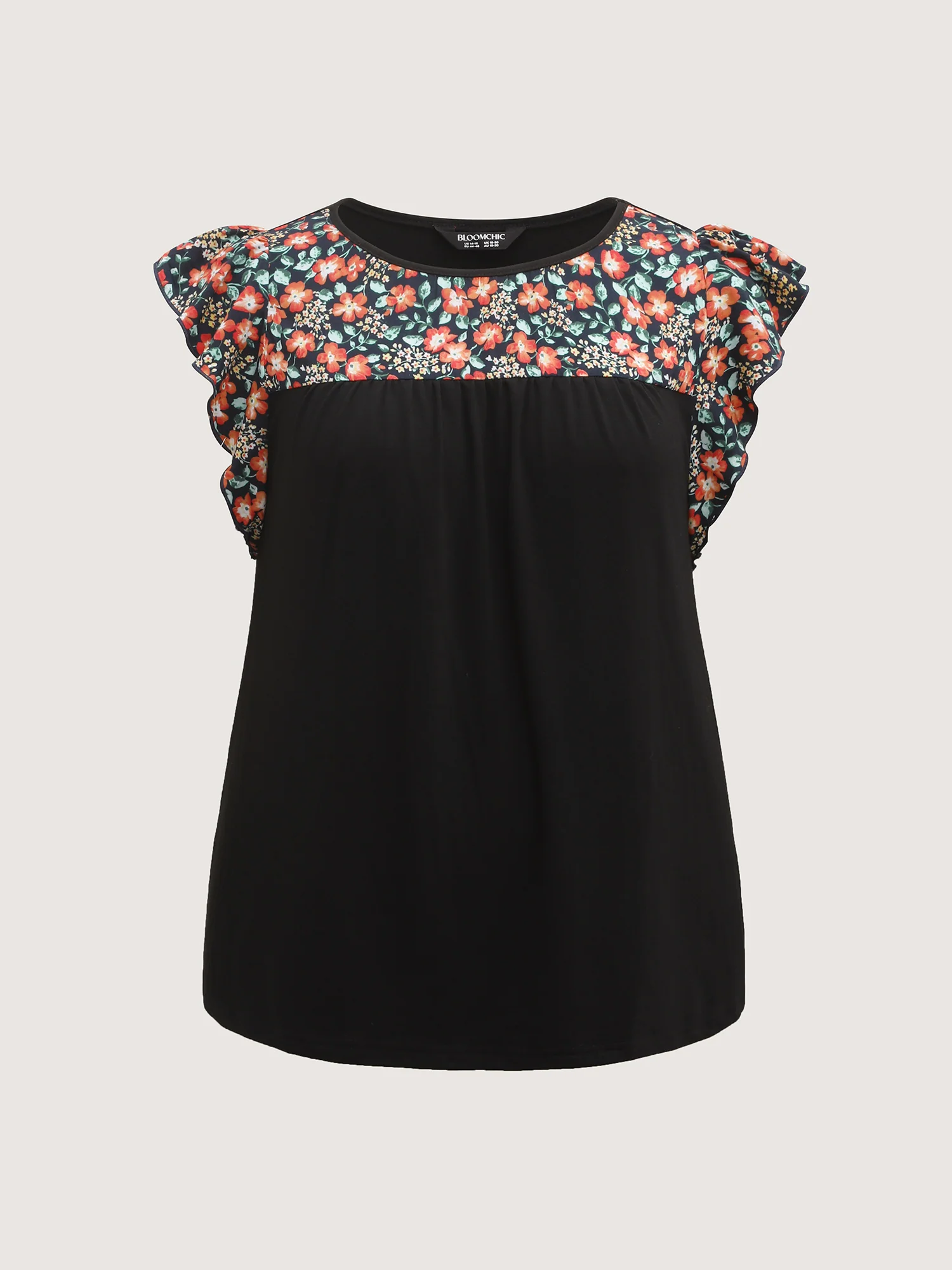 Floral Neckline Flutter Sleeve Contrast T-Shirt - Image 7