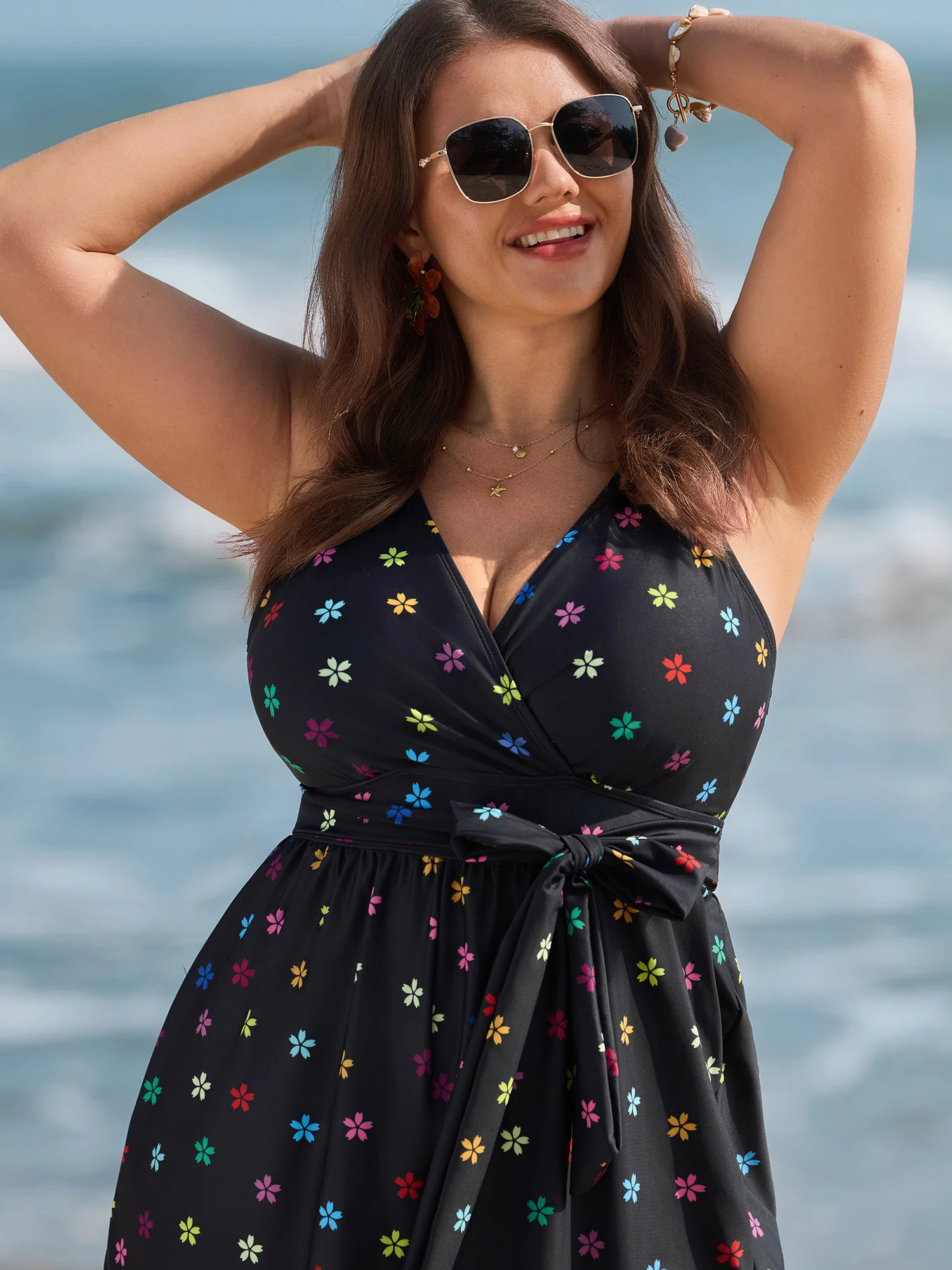 Floral Non-Removable Belt One-Piece Swimsuit - Image 2