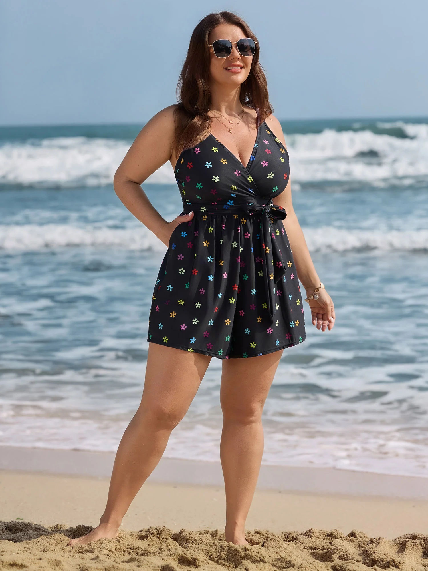 Floral Non-Removable Belt One-Piece Swimsuit - Image 4