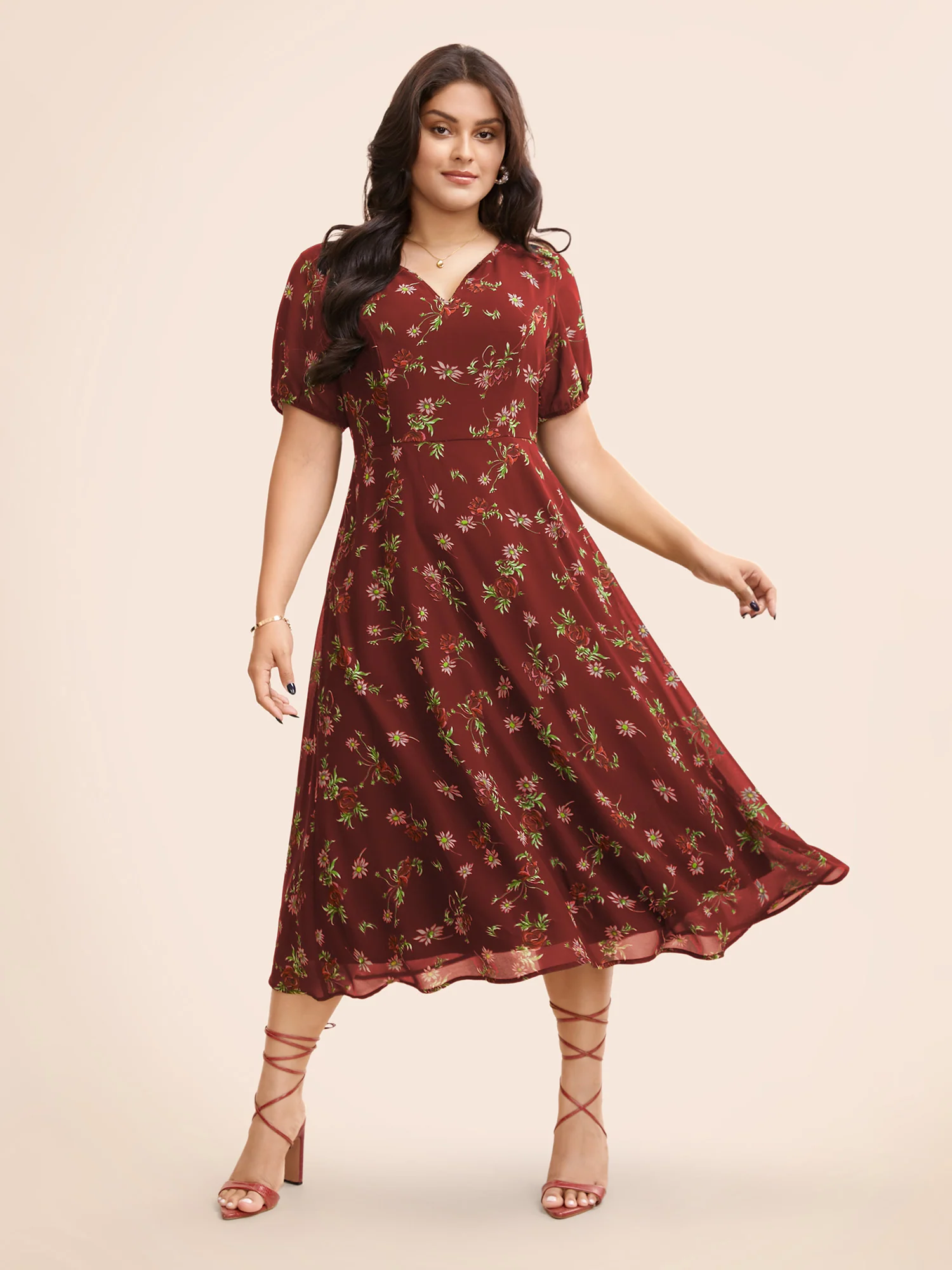 Floral Notched Chiffon Mesh Midi Dress - Image 10