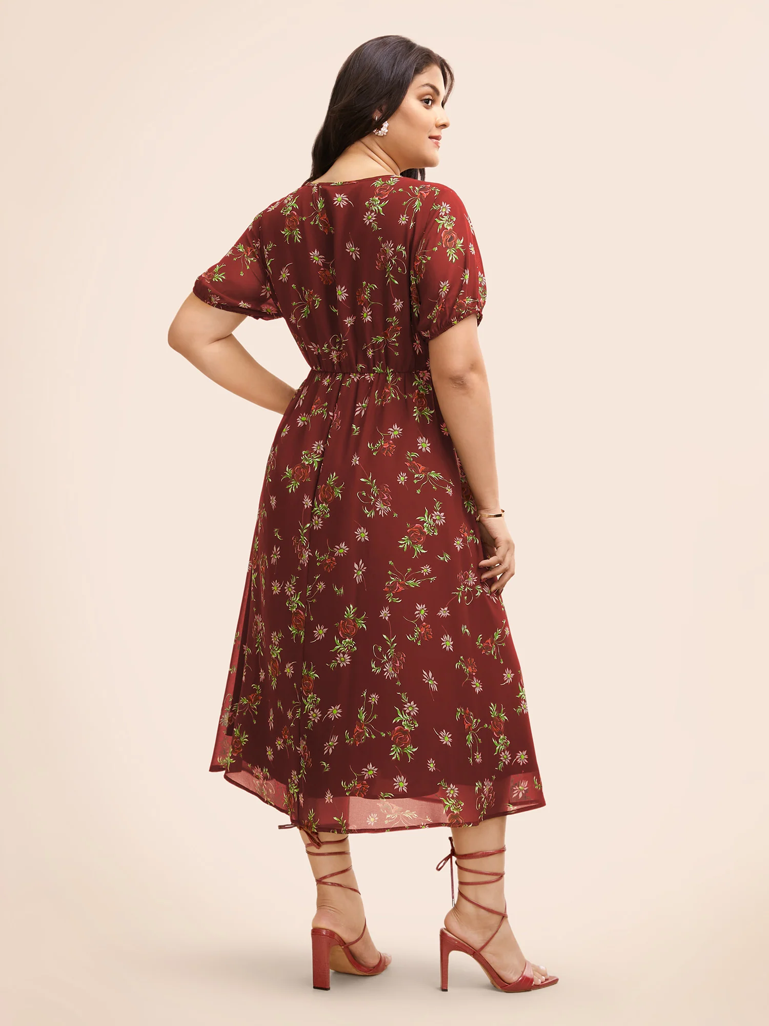 Floral Notched Chiffon Mesh Midi Dress - Image 11