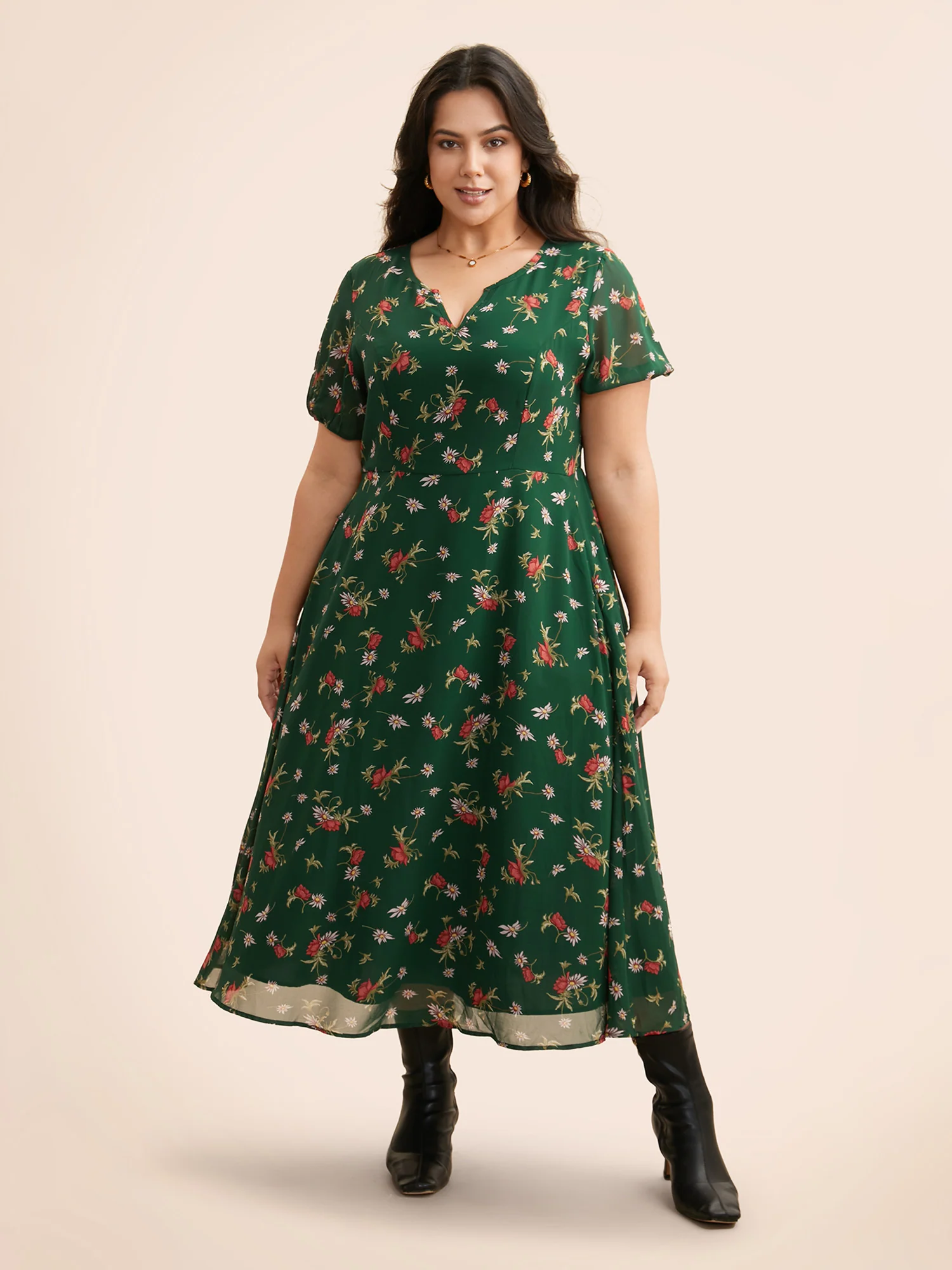 Floral Notched Chiffon Mesh Midi Dress - Image 12
