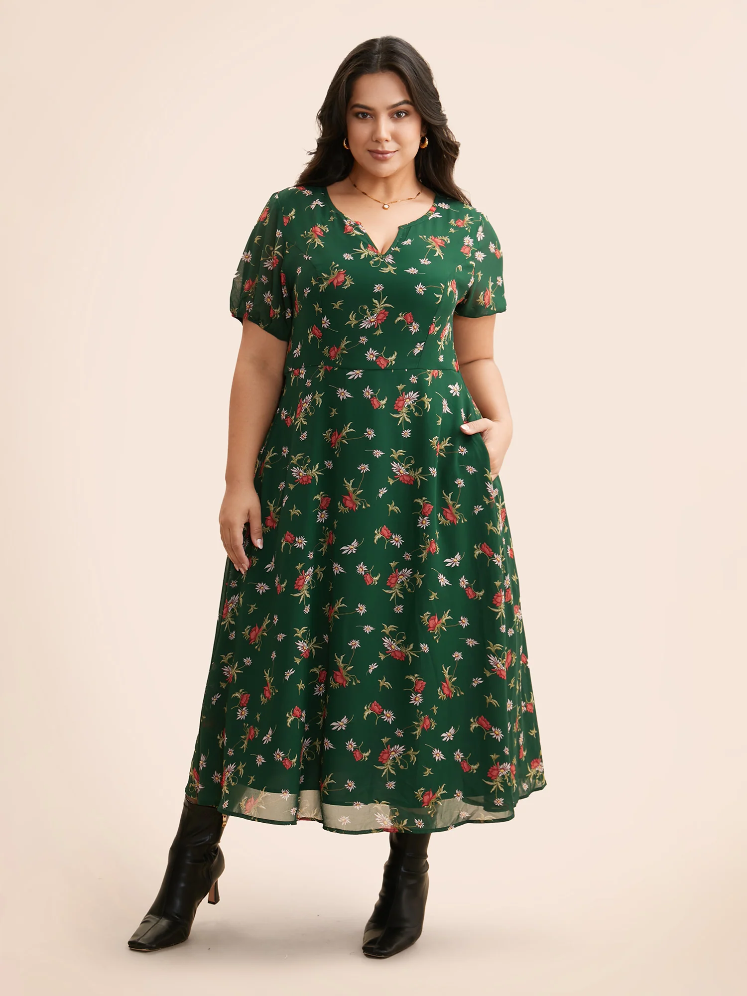 Floral Notched Chiffon Mesh Midi Dress - Image 13