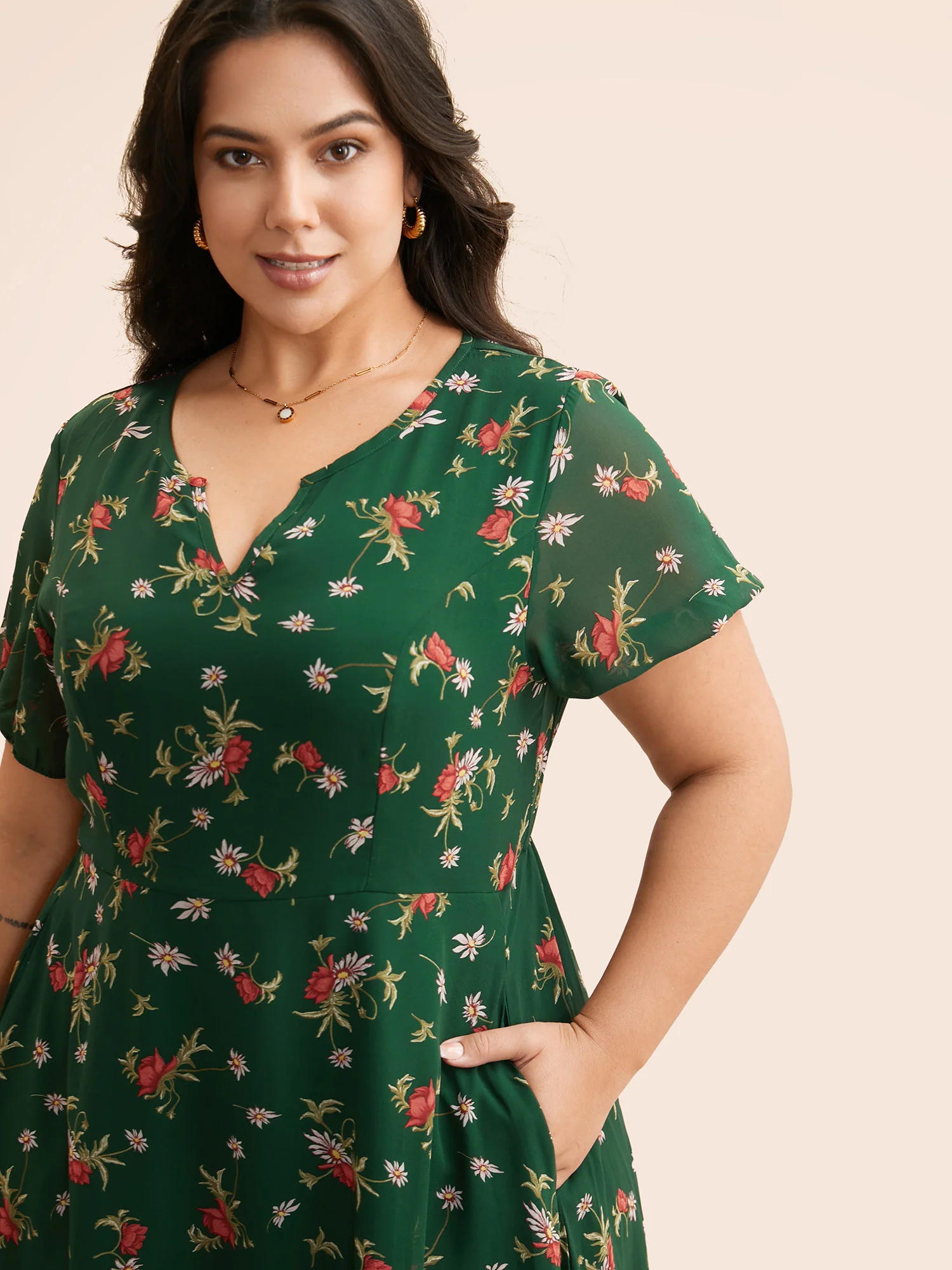 Floral Notched Chiffon Mesh Midi Dress - Image 14