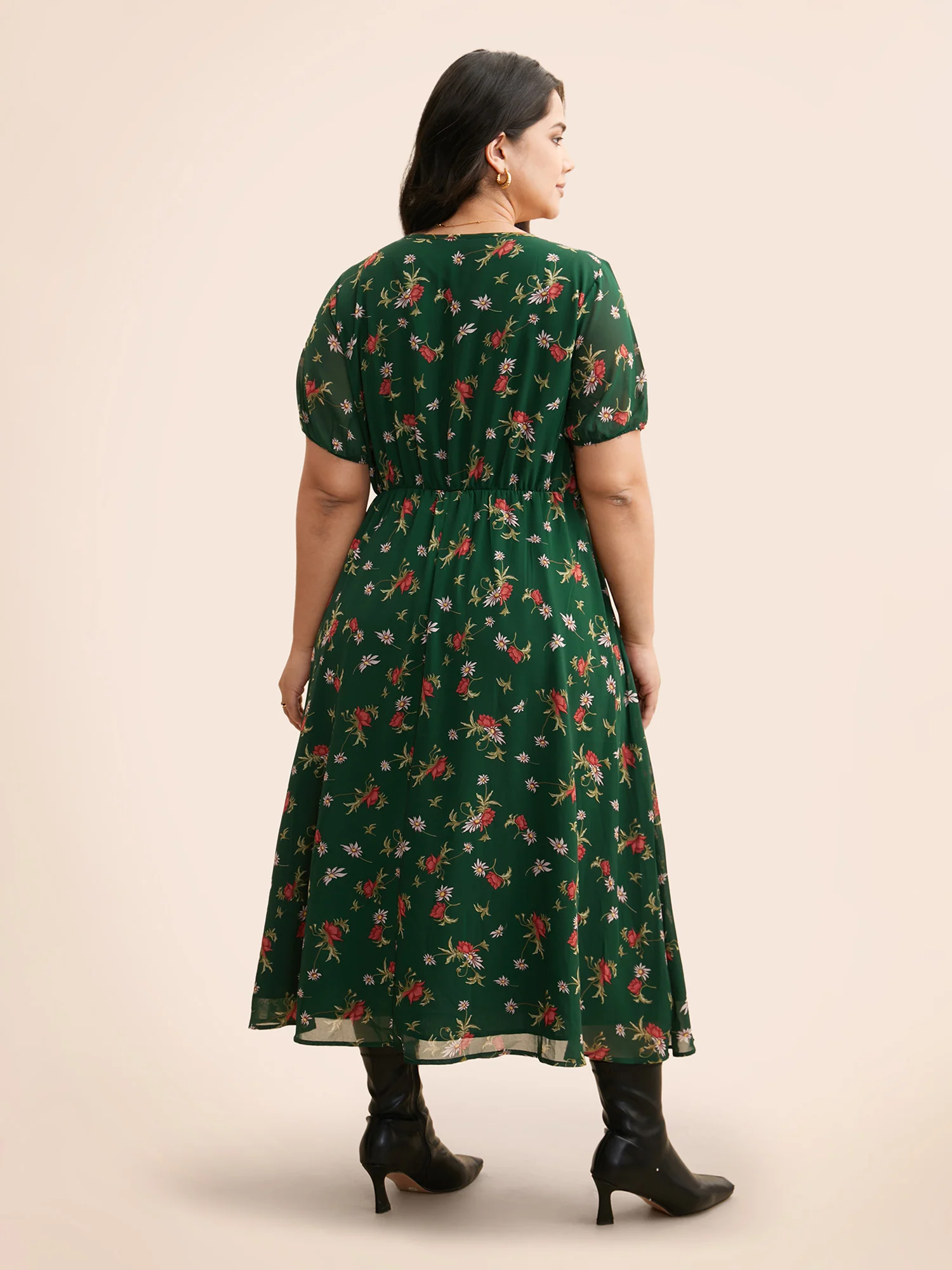 Floral Notched Chiffon Mesh Midi Dress - Image 15