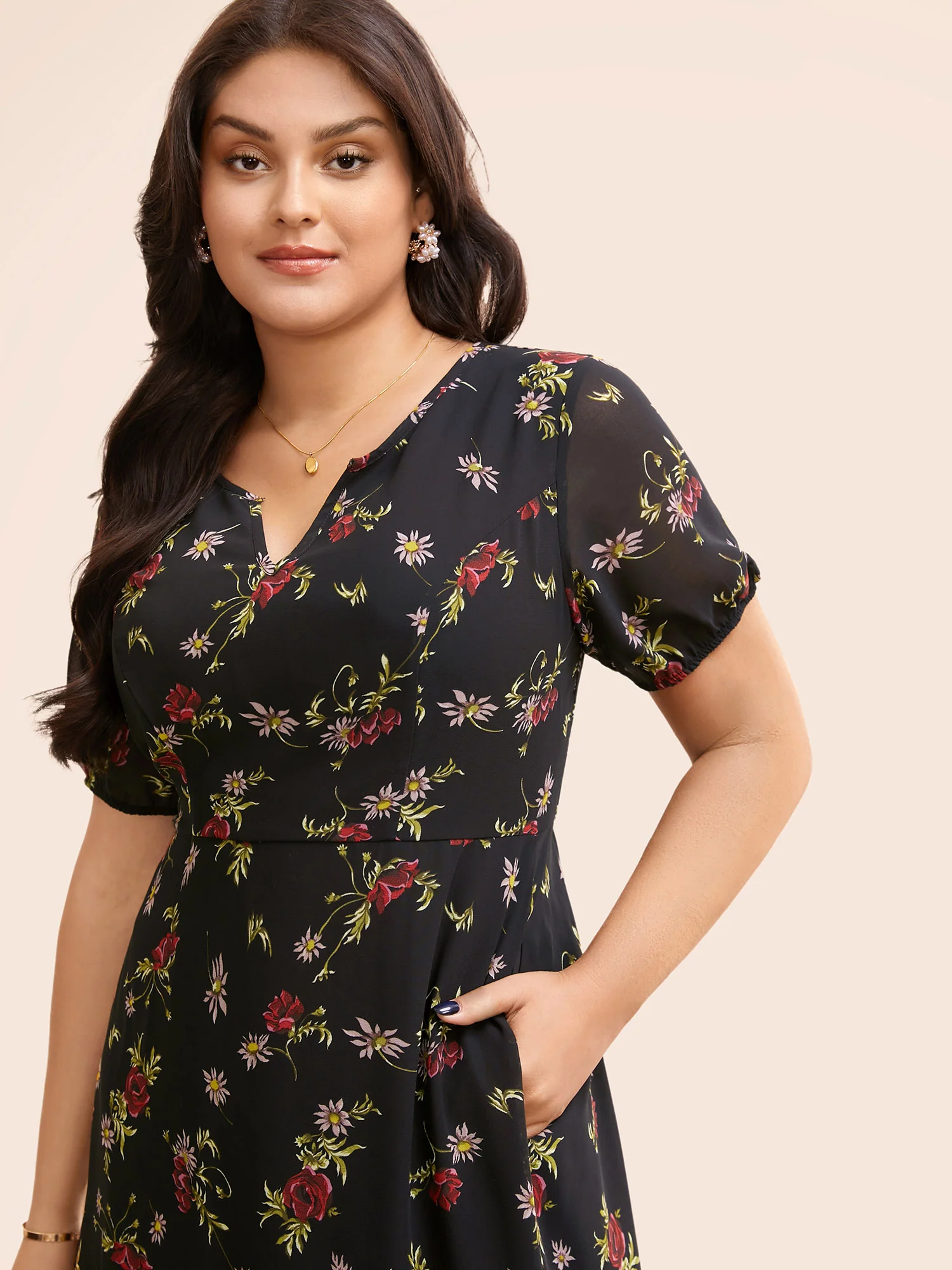 Floral Notched Chiffon Mesh Midi Dress - Image 2
