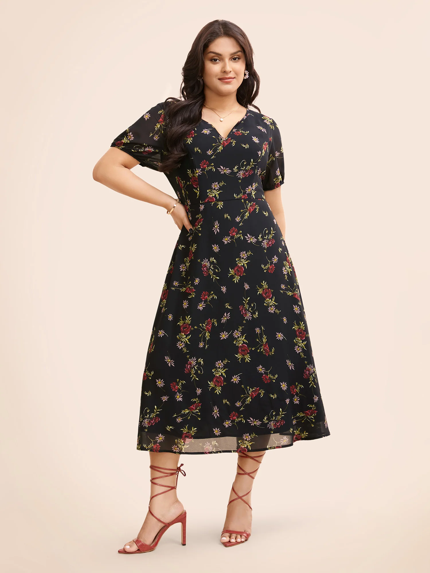 Floral Notched Chiffon Mesh Midi Dress - Image 3