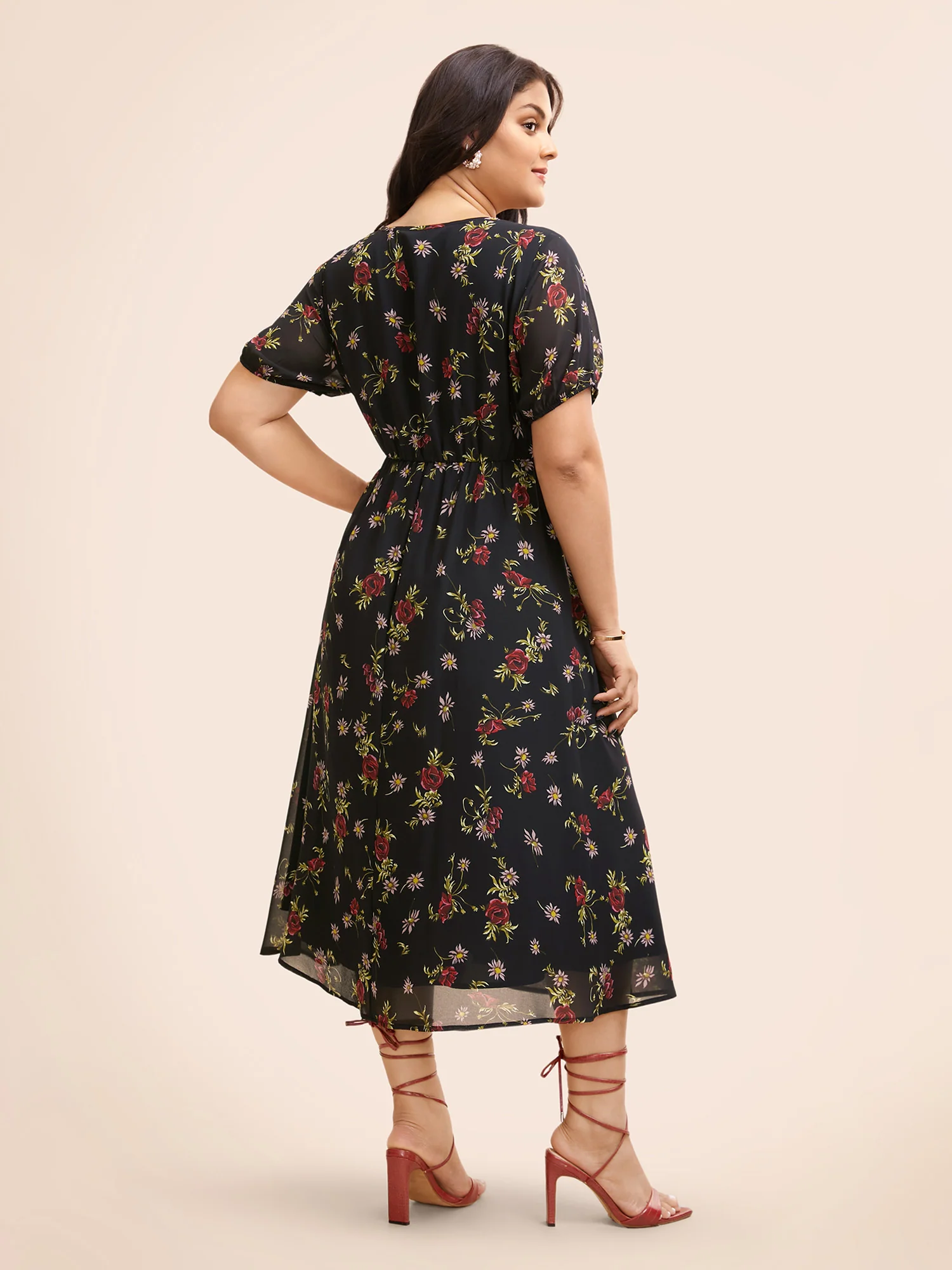 Floral Notched Chiffon Mesh Midi Dress - Image 4