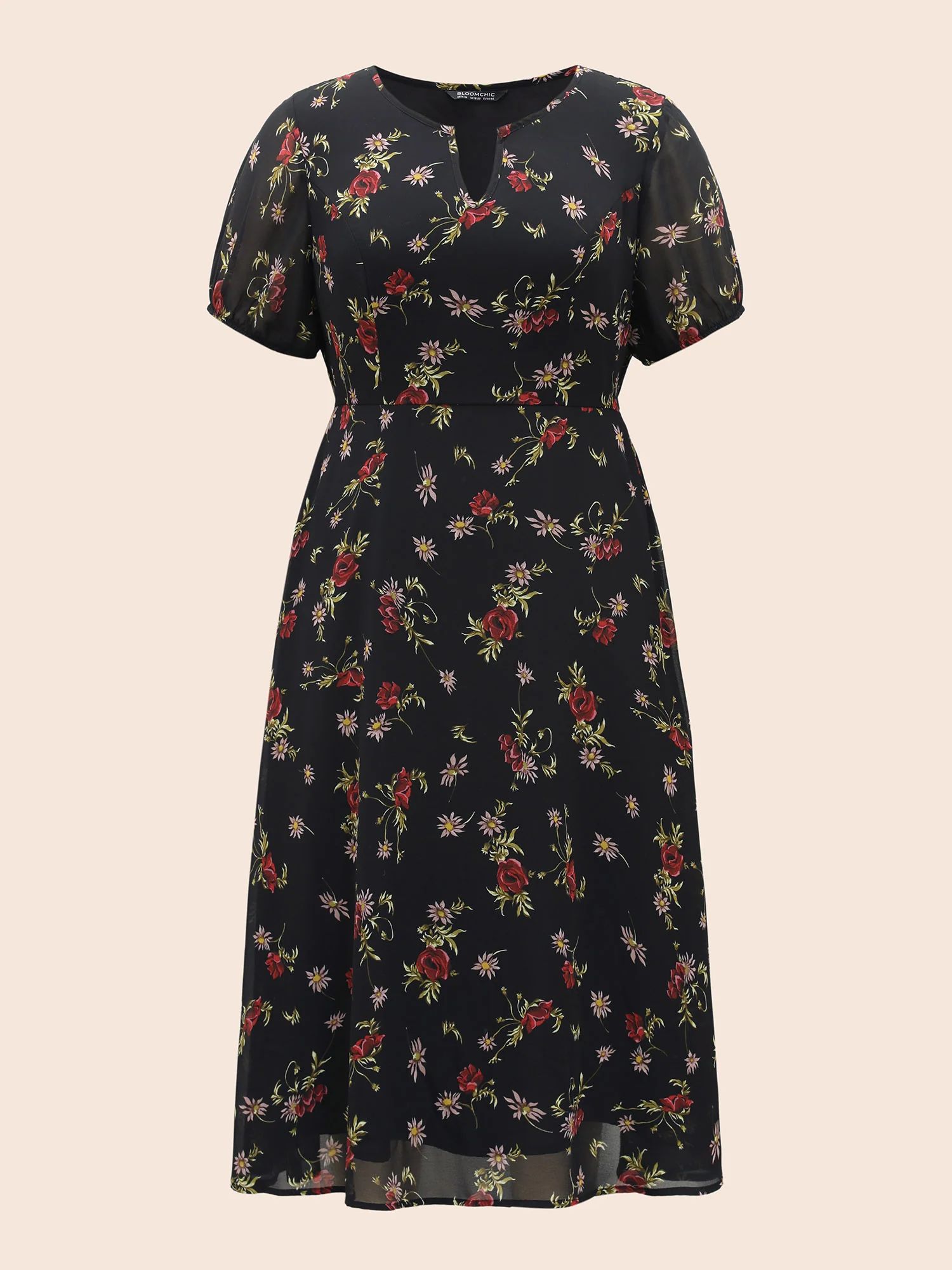 Floral Notched Chiffon Mesh Midi Dress - Image 7