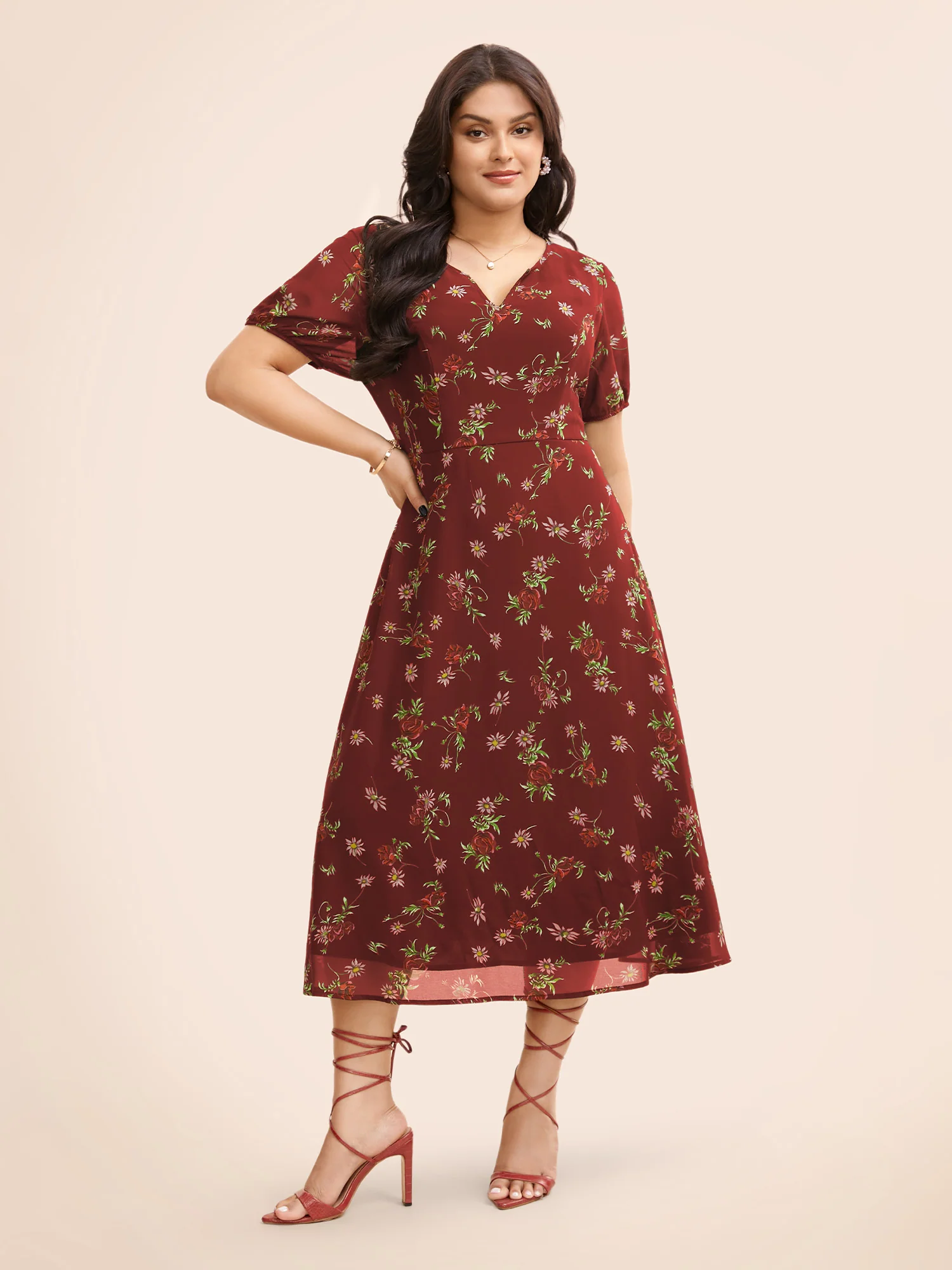 Floral Notched Chiffon Mesh Midi Dress - Image 8