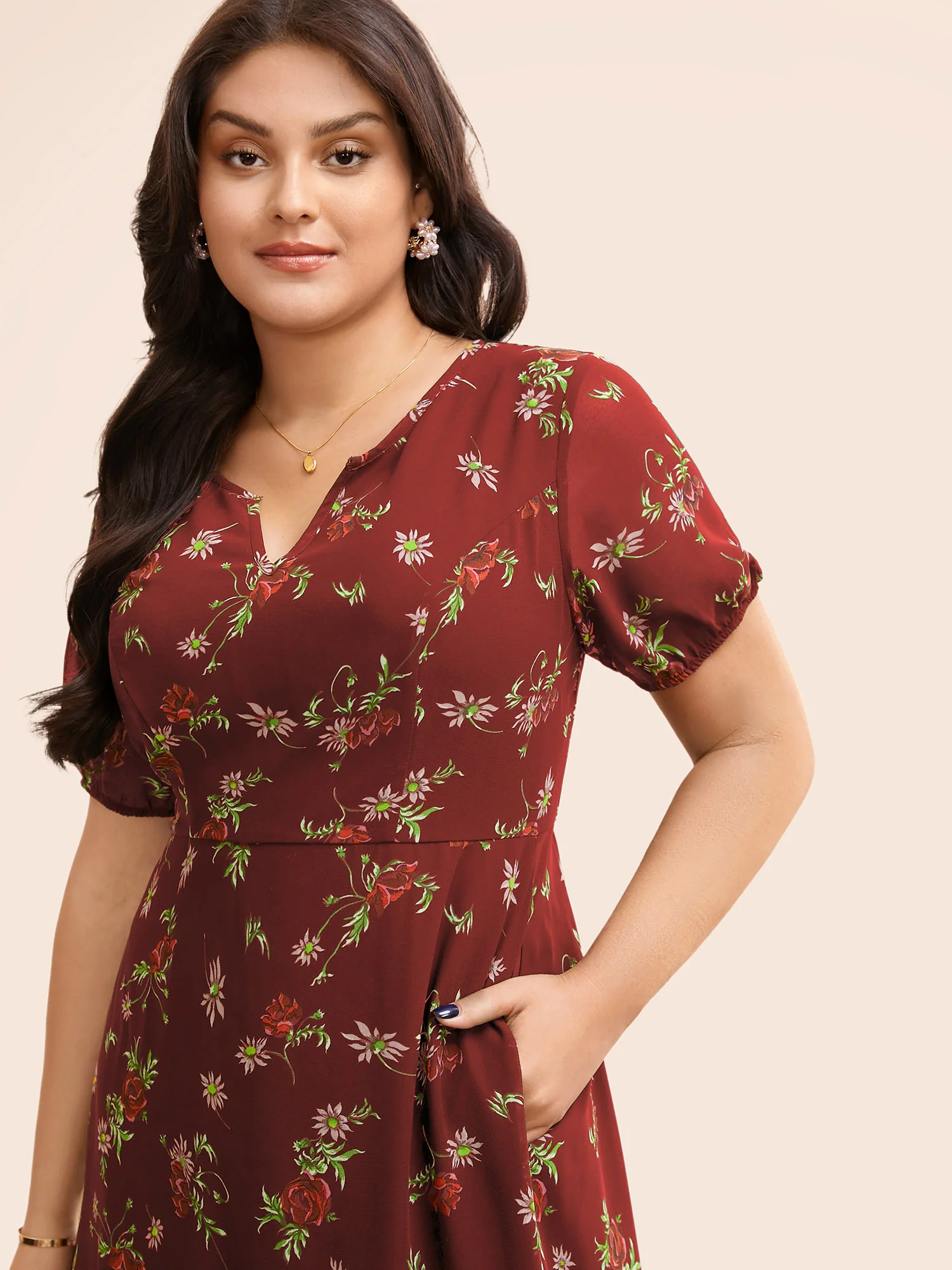 Floral Notched Chiffon Mesh Midi Dress - Image 9