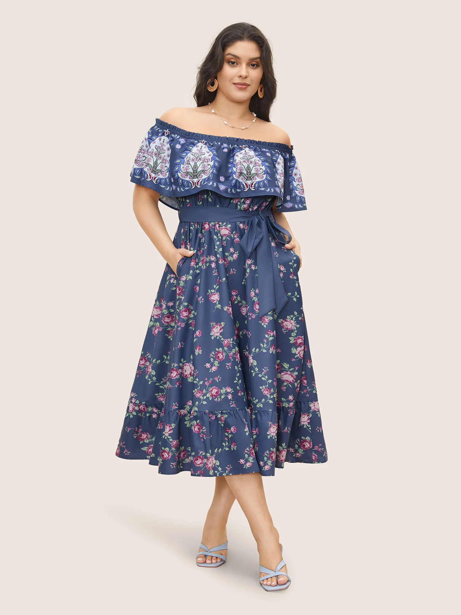 Floral Off Shoulder Belted Frill Trim Dress - Image 2