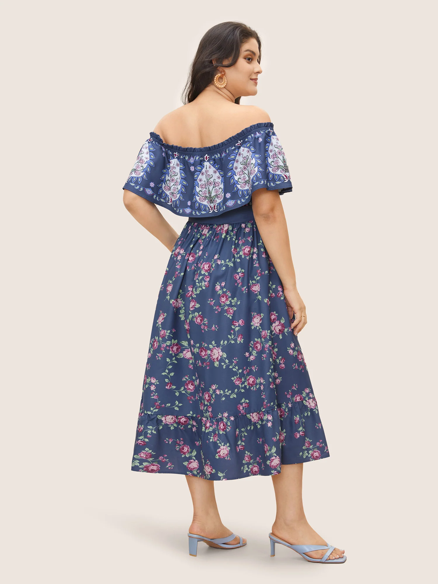Floral Off Shoulder Belted Frill Trim Dress - Image 3