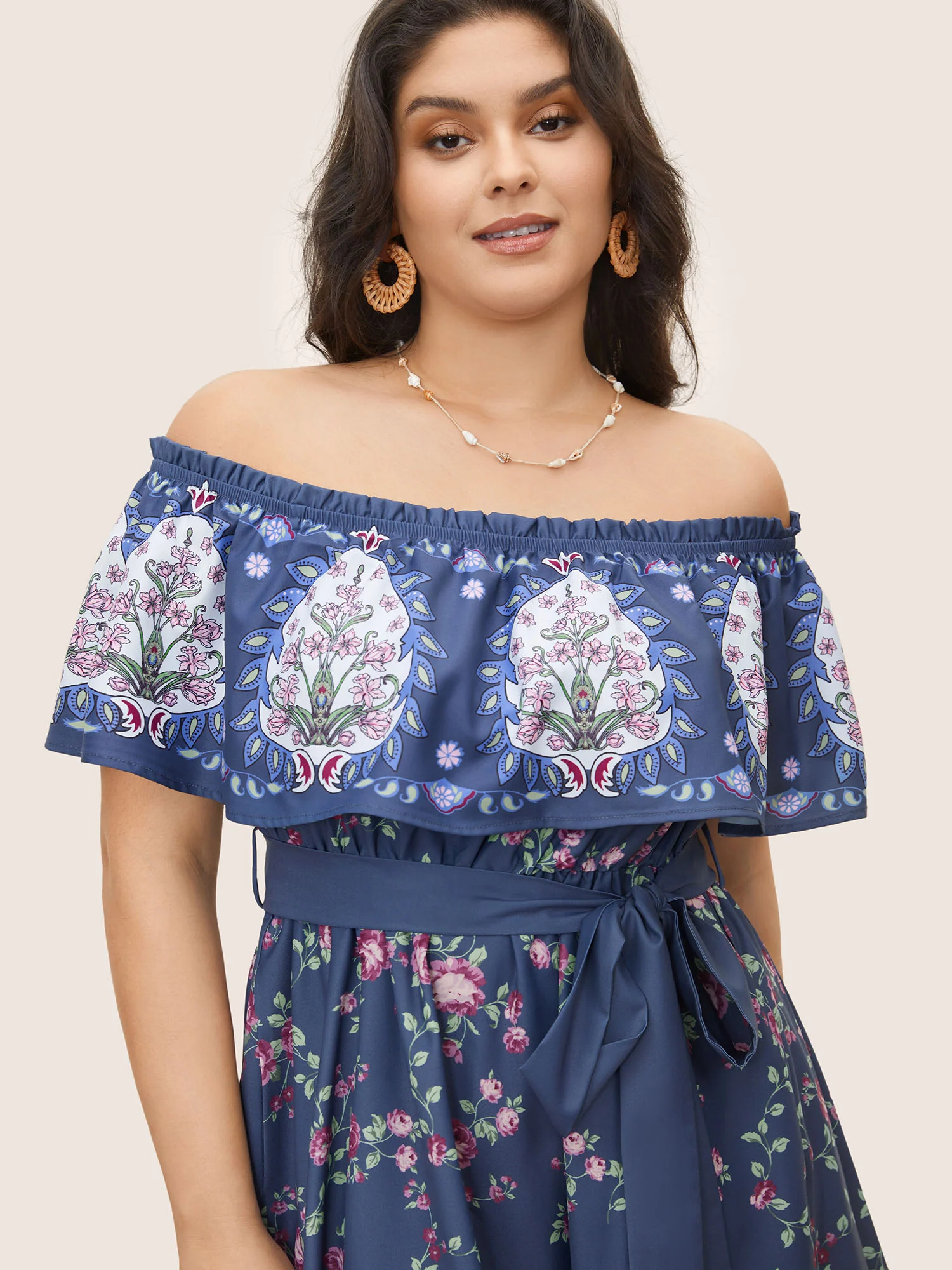 Floral Off Shoulder Belted Frill Trim Dress - Image 4