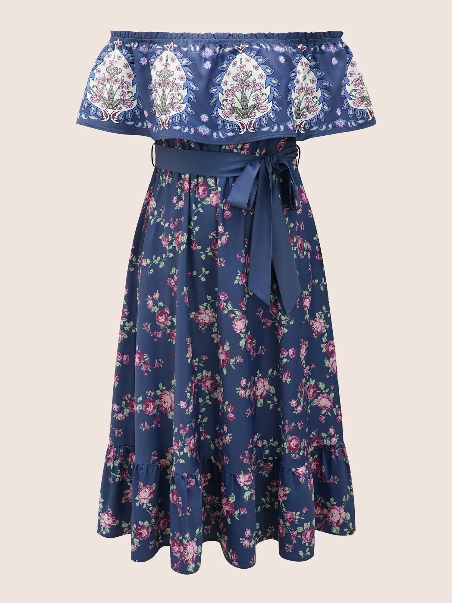 Floral Off Shoulder Belted Frill Trim Dress - Image 7