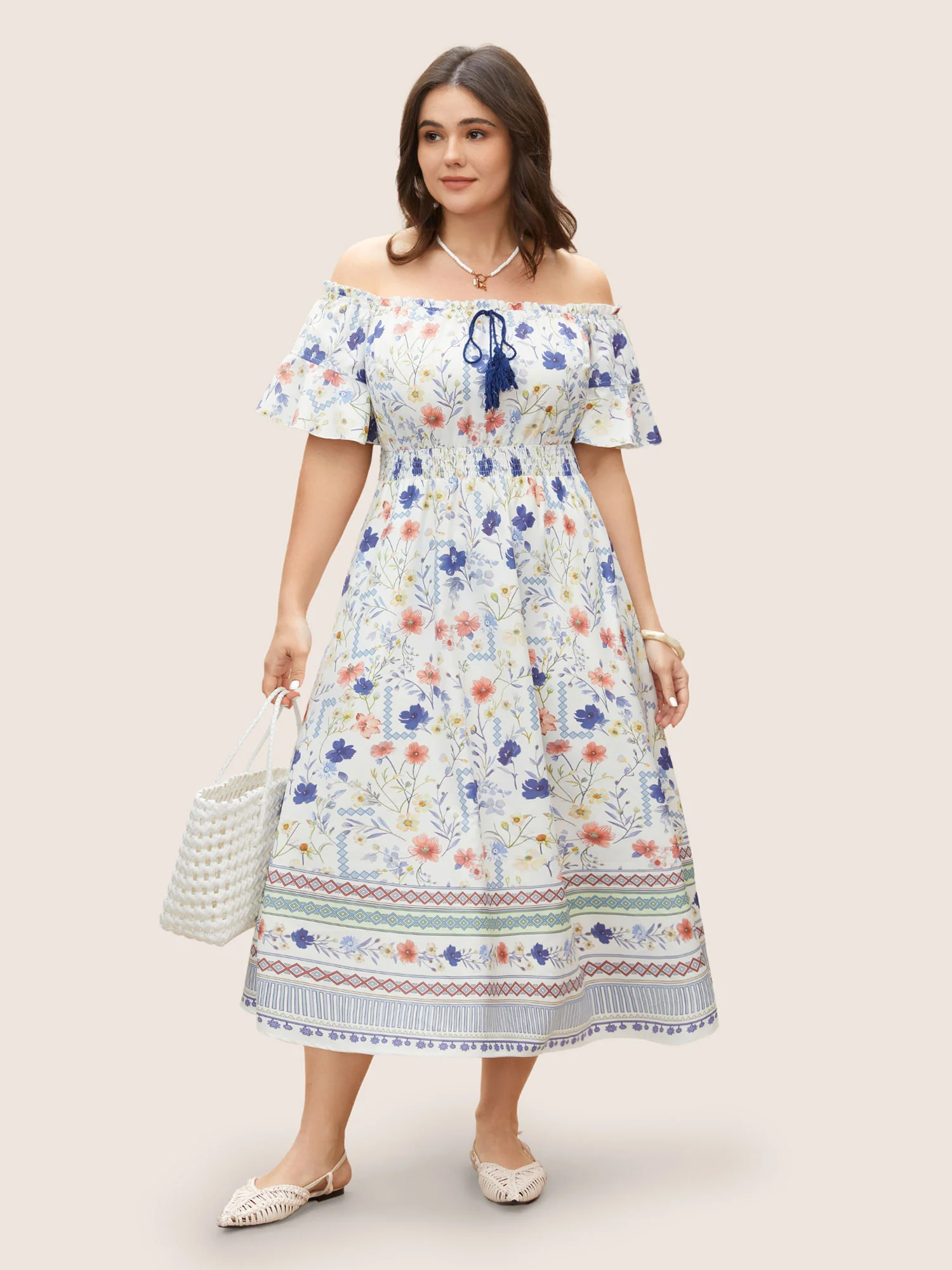 Floral One Shoulder Neck Shirred Tassel Dress - Image 2