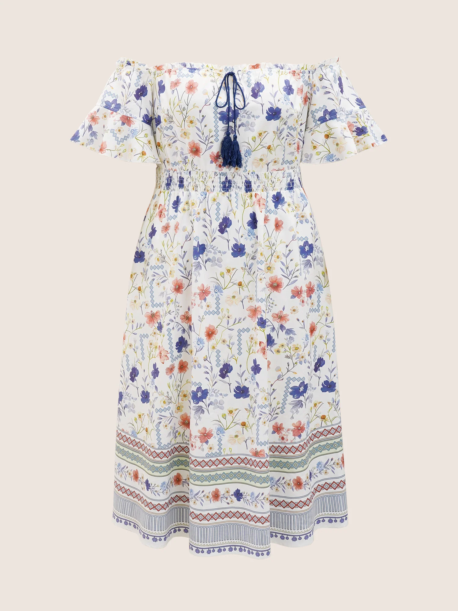 Floral One Shoulder Neck Shirred Tassel Dress - Image 7