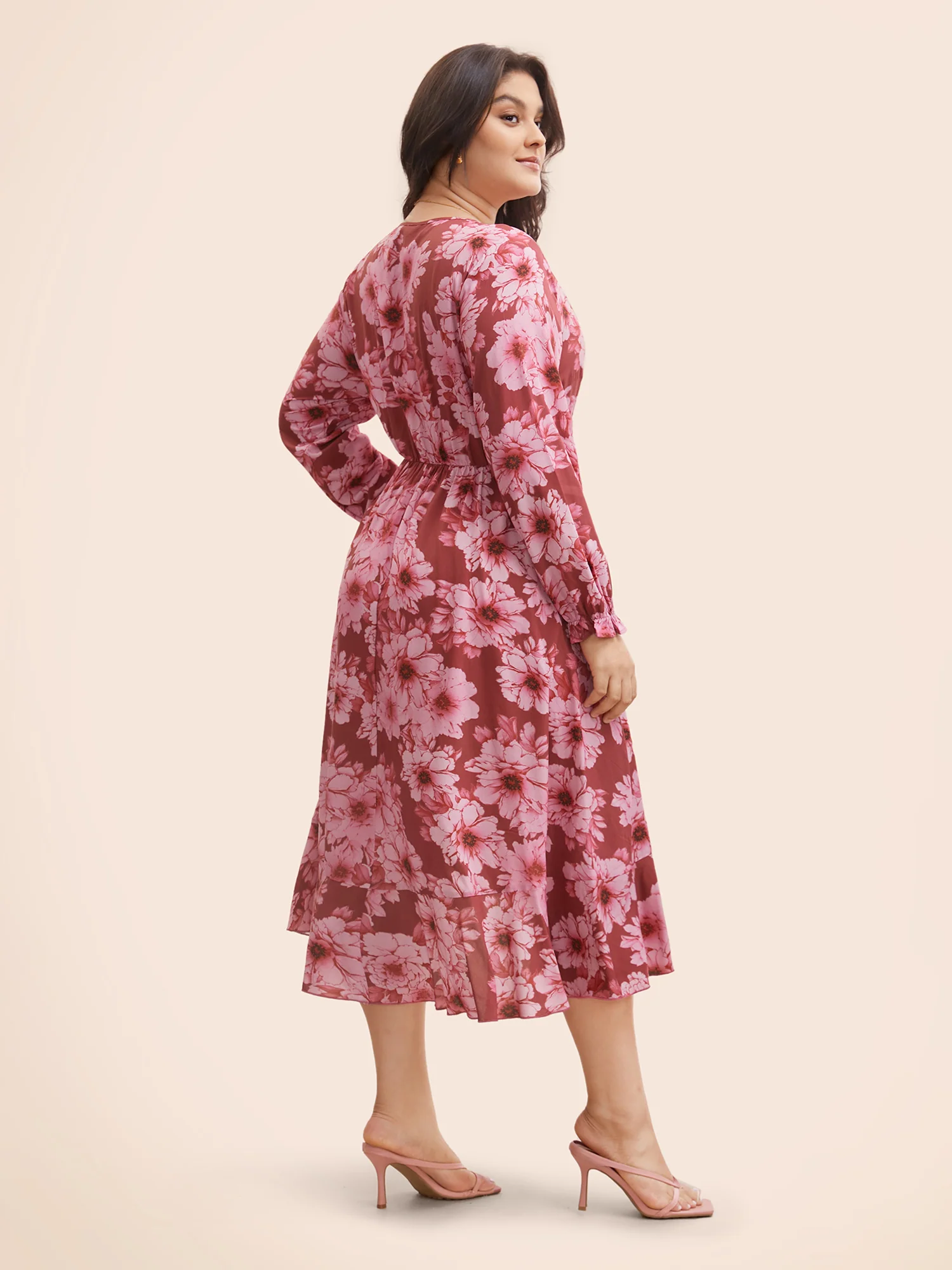 Floral Overlap Collar Ruffle Trim Dress - Image 4