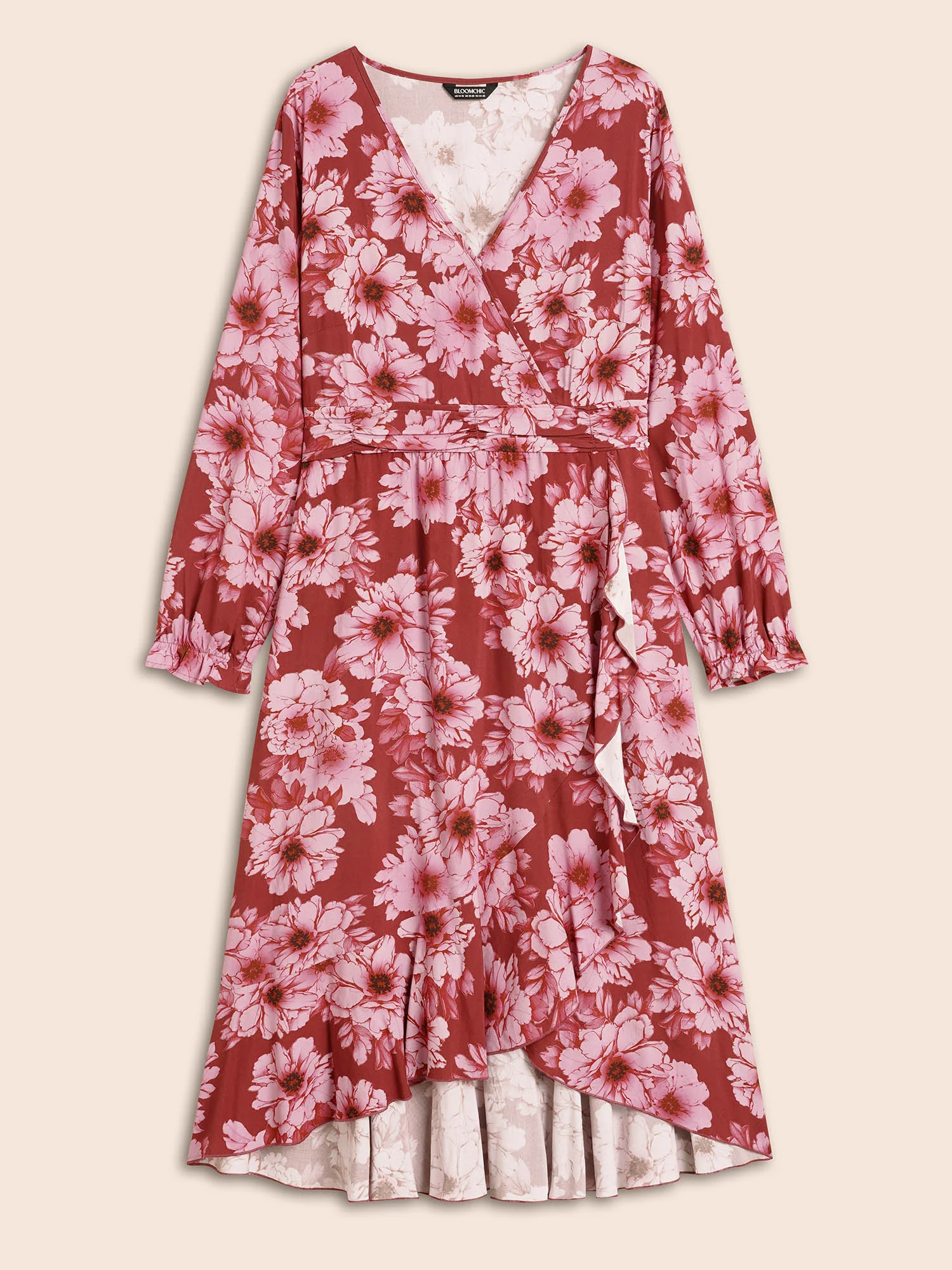 Floral Overlap Collar Ruffle Trim Dress - Image 7