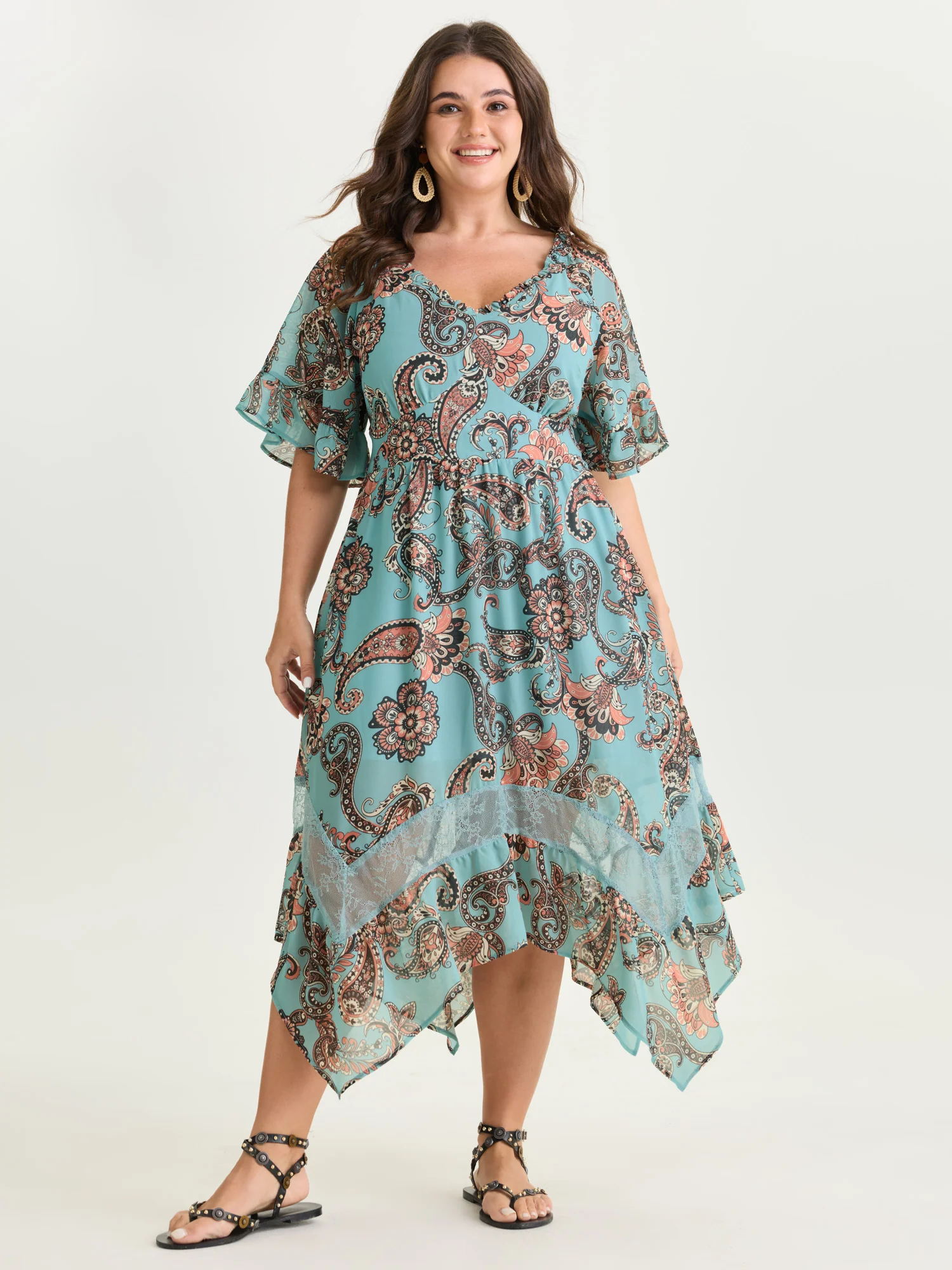 Floral Paisley Print High Low Hem Midi Dress - Image 3