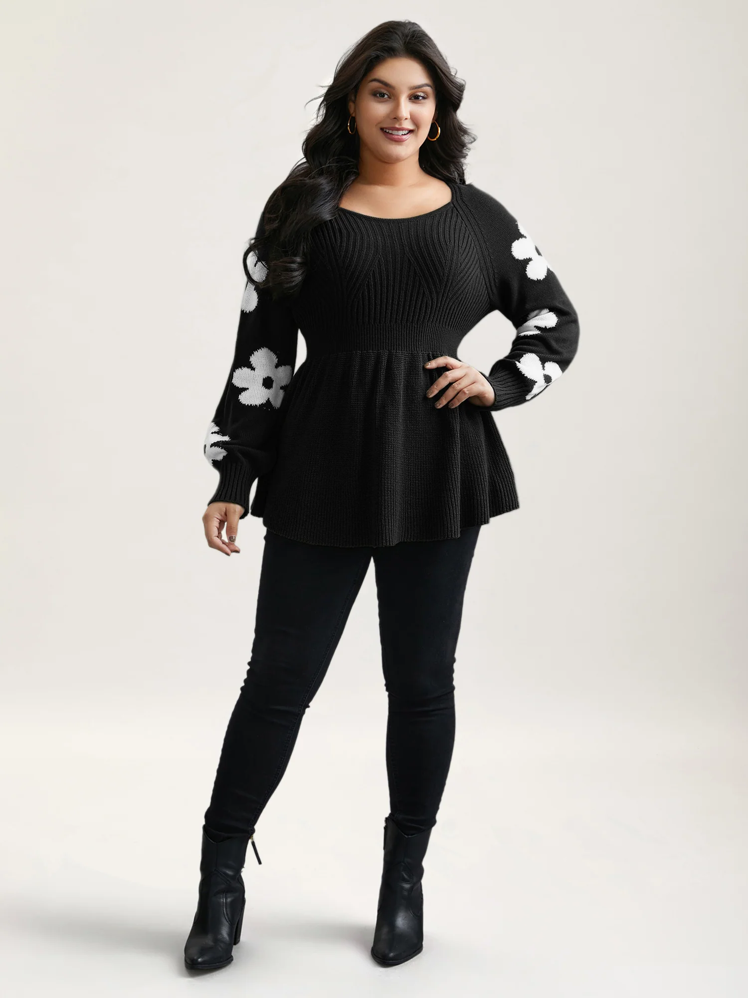 Floral Patch Jacquard Cinched Waist Pullover - Image 12