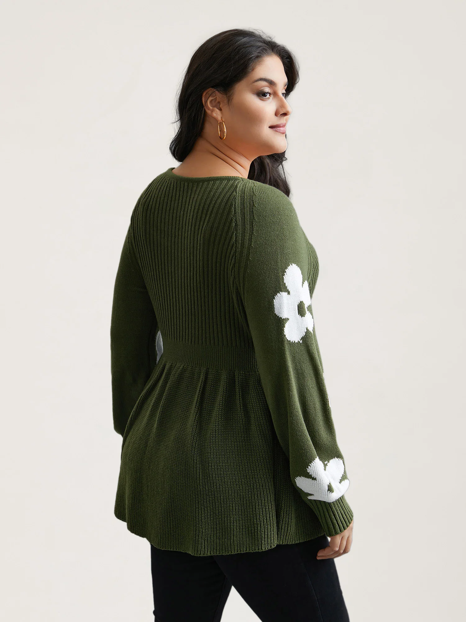 Floral Patch Jacquard Cinched Waist Pullover - Image 2