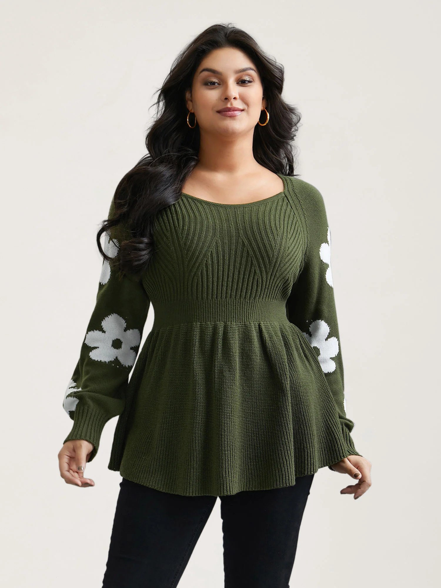 Floral Patch Jacquard Cinched Waist Pullover - Image 3