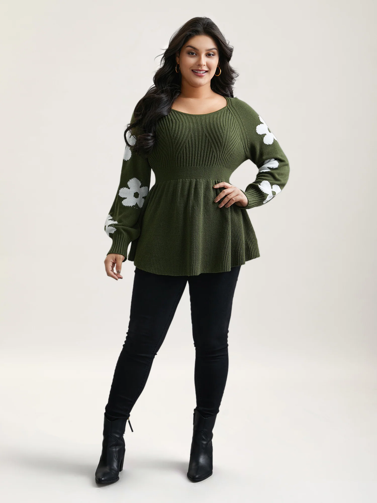 Floral Patch Jacquard Cinched Waist Pullover - Image 4