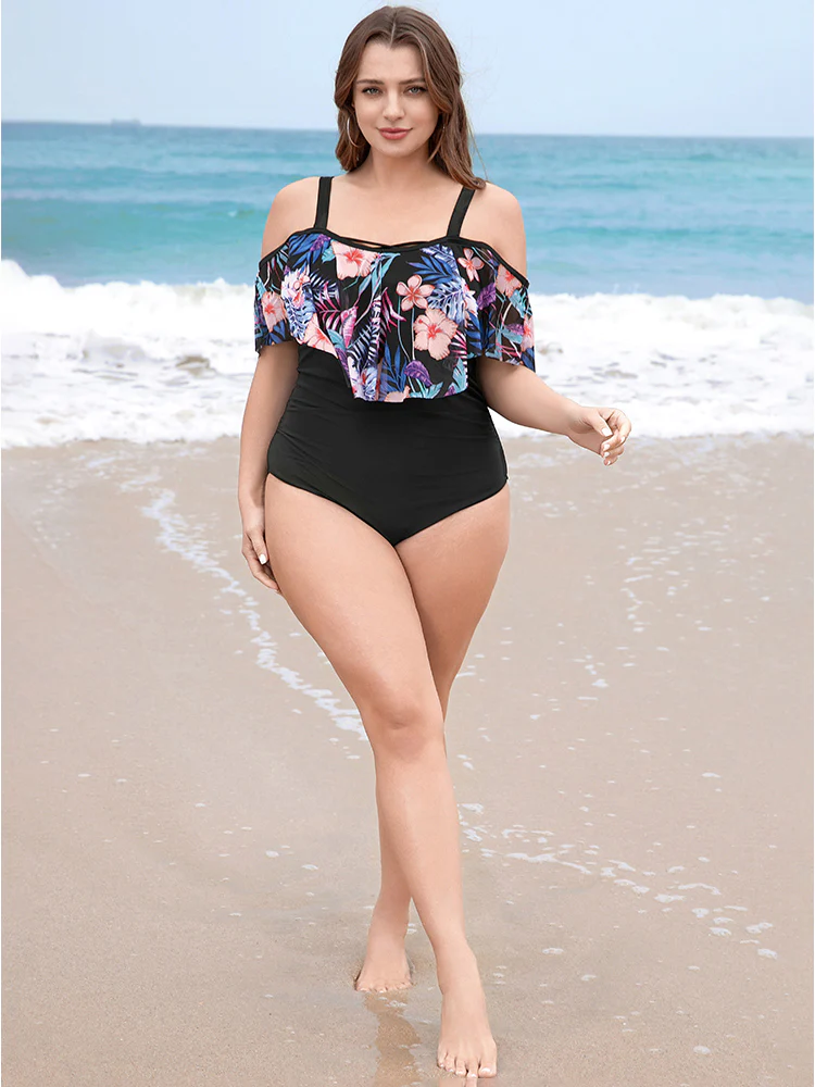 Floral Patchwork Asymmetrical Ruffle Trim Crisscross One Piece Swimsuit - Image 5