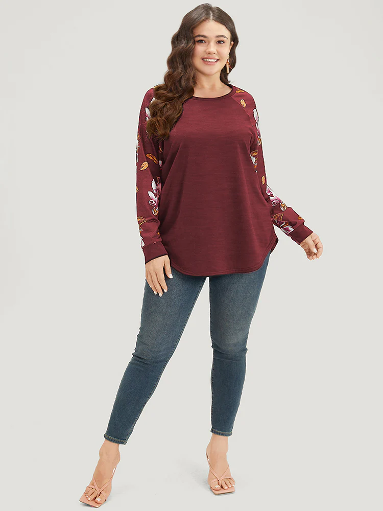 Floral Patchwork Crew Neck Raglan Sleeve Sweatshirt - Image 11