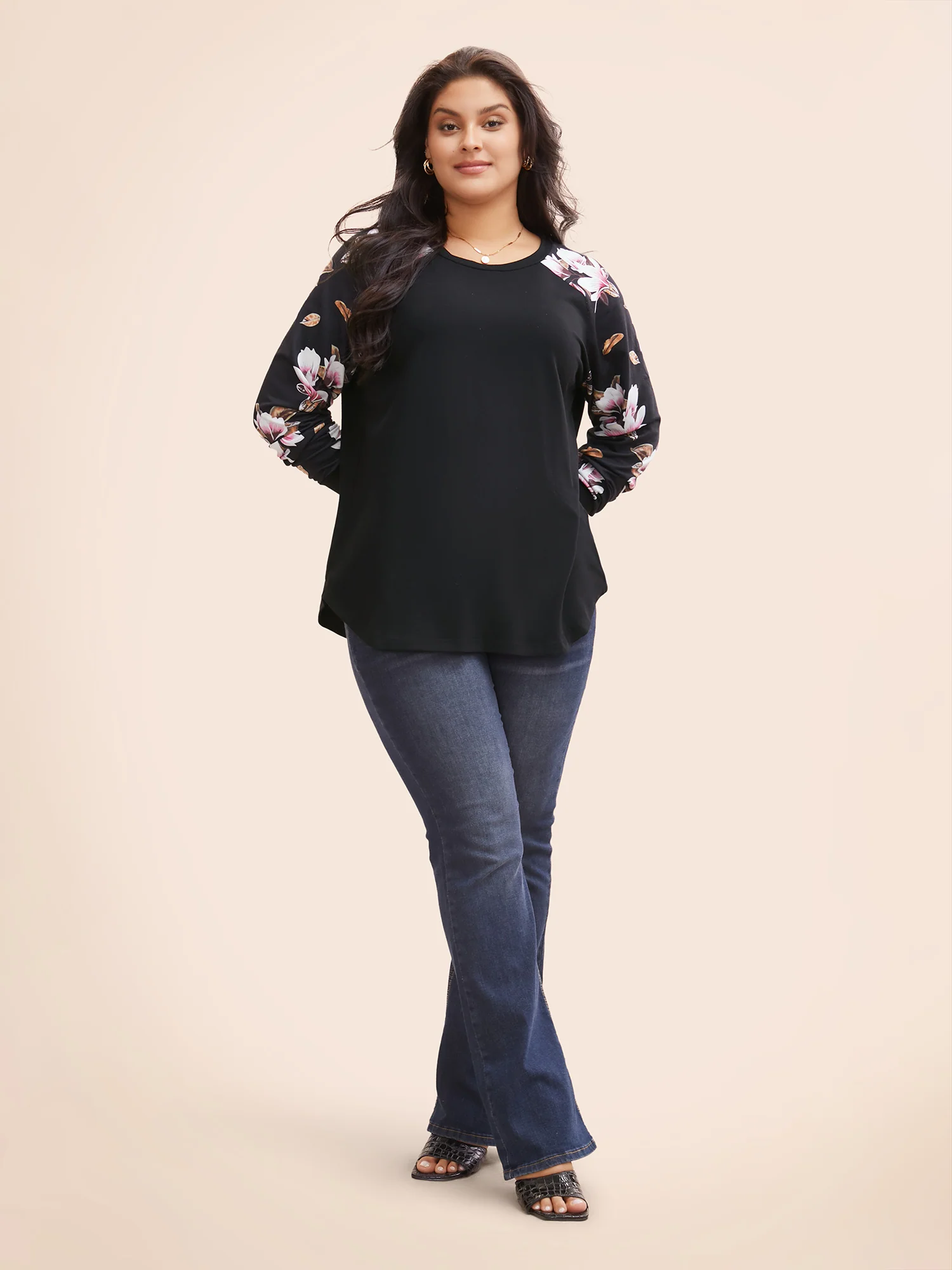 Floral Patchwork Crew Neck Raglan Sleeve Sweatshirt - Image 2