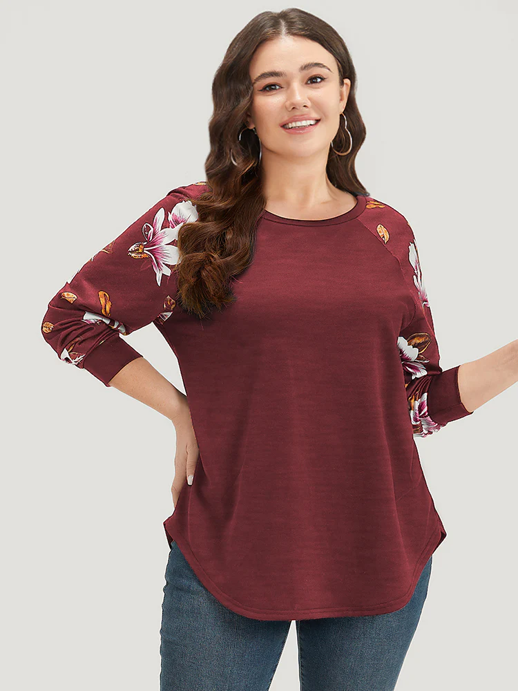 Floral Patchwork Crew Neck Raglan Sleeve Sweatshirt - Image 8