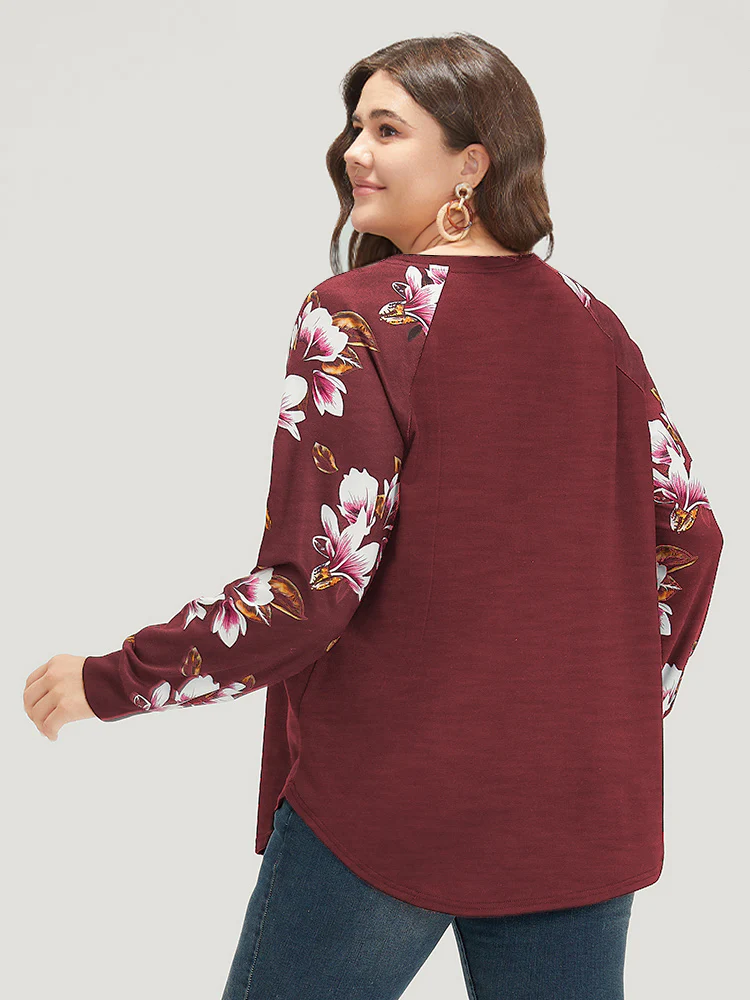 Floral Patchwork Crew Neck Raglan Sleeve Sweatshirt - Image 9