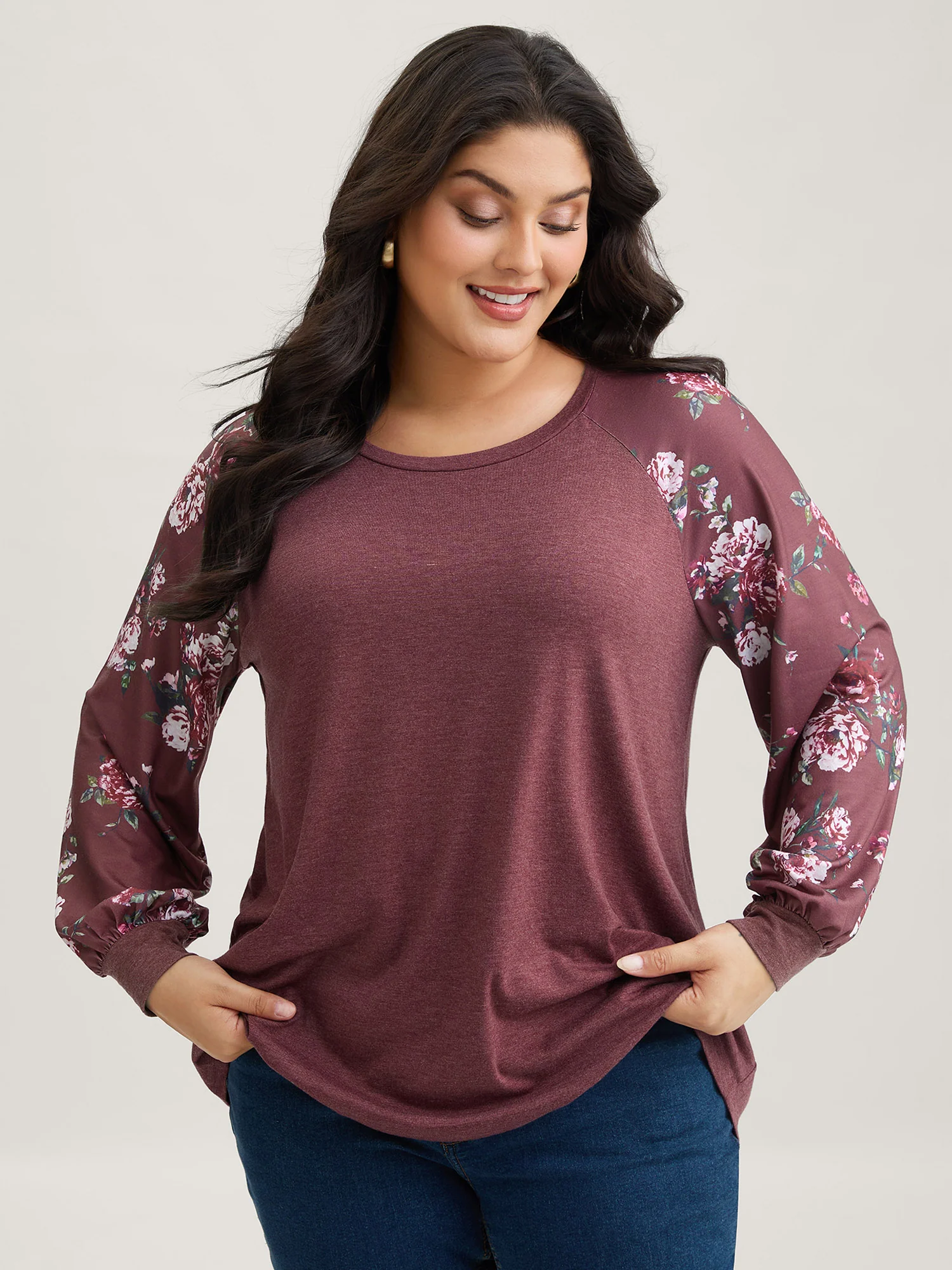 Floral Patchwork Crew Neck Raglan Sleeve T-shirt