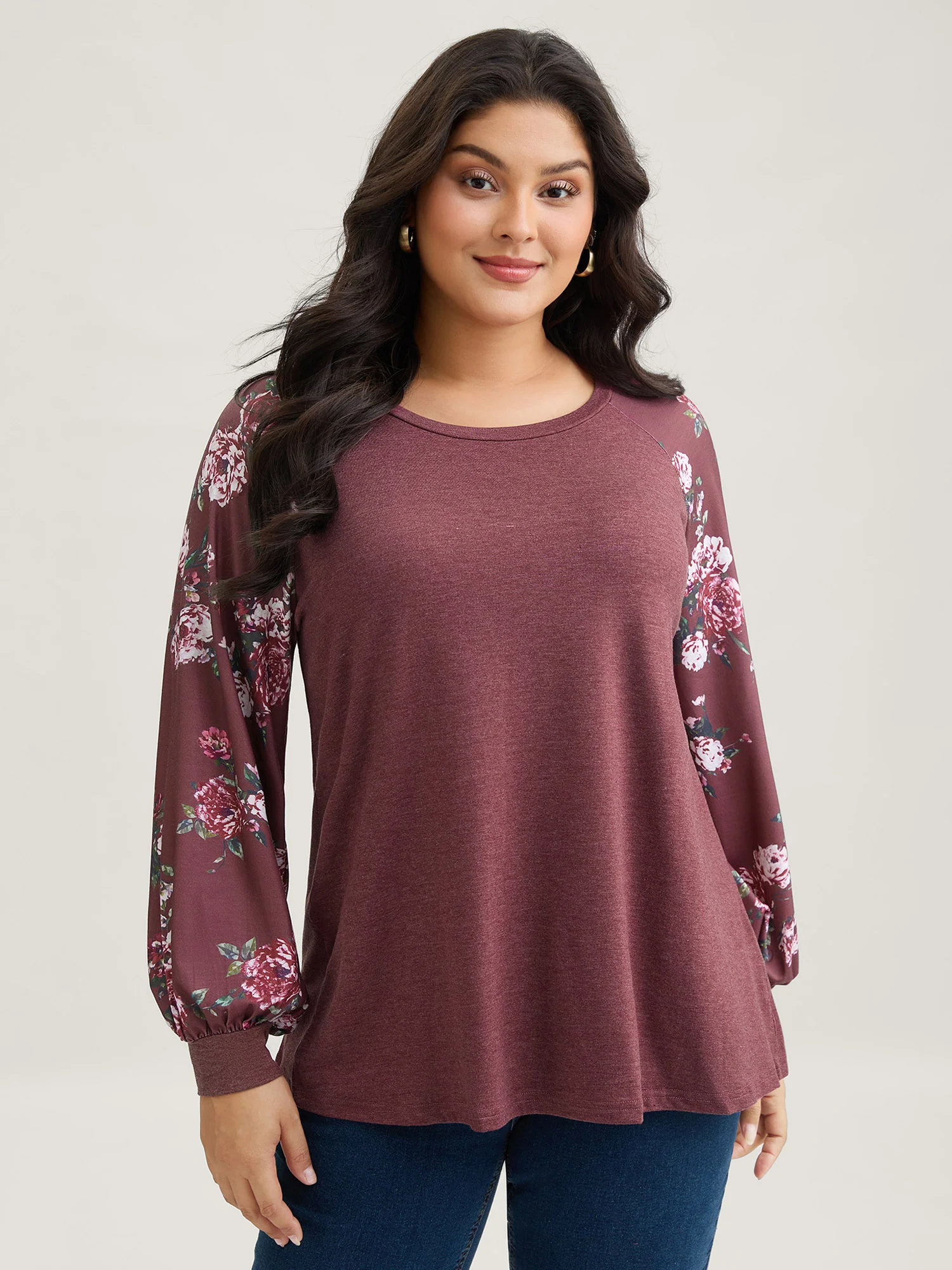 Floral Patchwork Crew Neck Raglan Sleeve T-shirt - Image 2