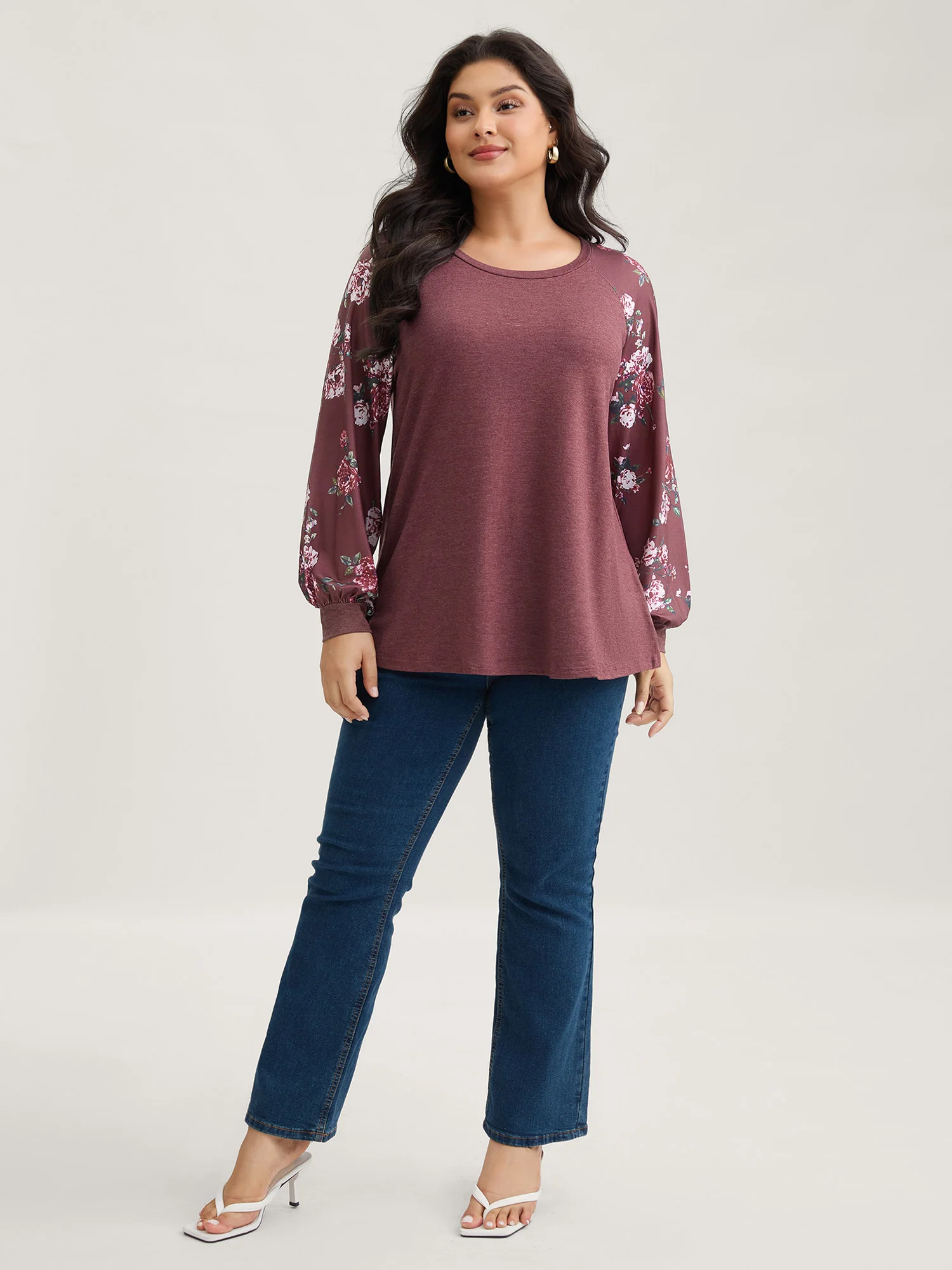 Floral Patchwork Crew Neck Raglan Sleeve T-shirt - Image 4