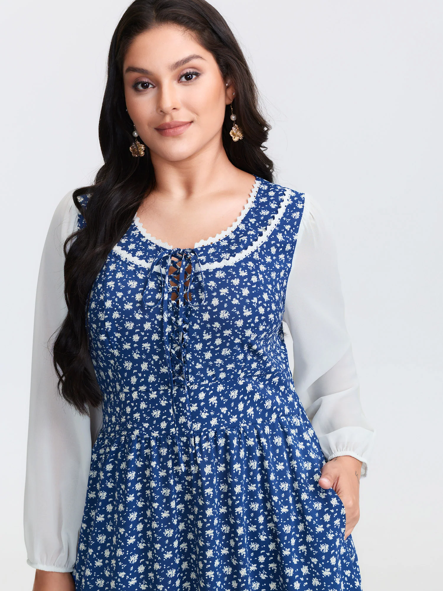 Floral Patchwork Drawstring Lace Trim Maxi Dress - Image 2