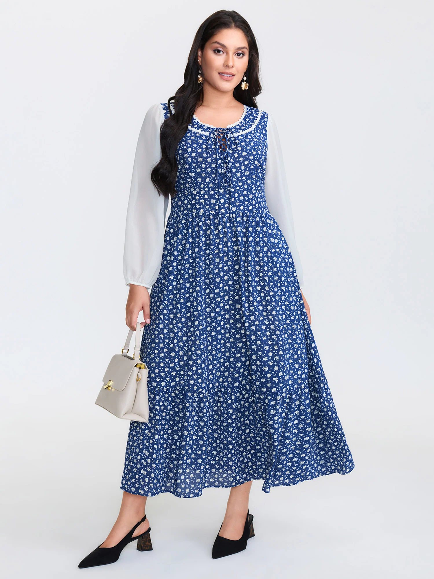 Floral Patchwork Drawstring Lace Trim Maxi Dress - Image 3