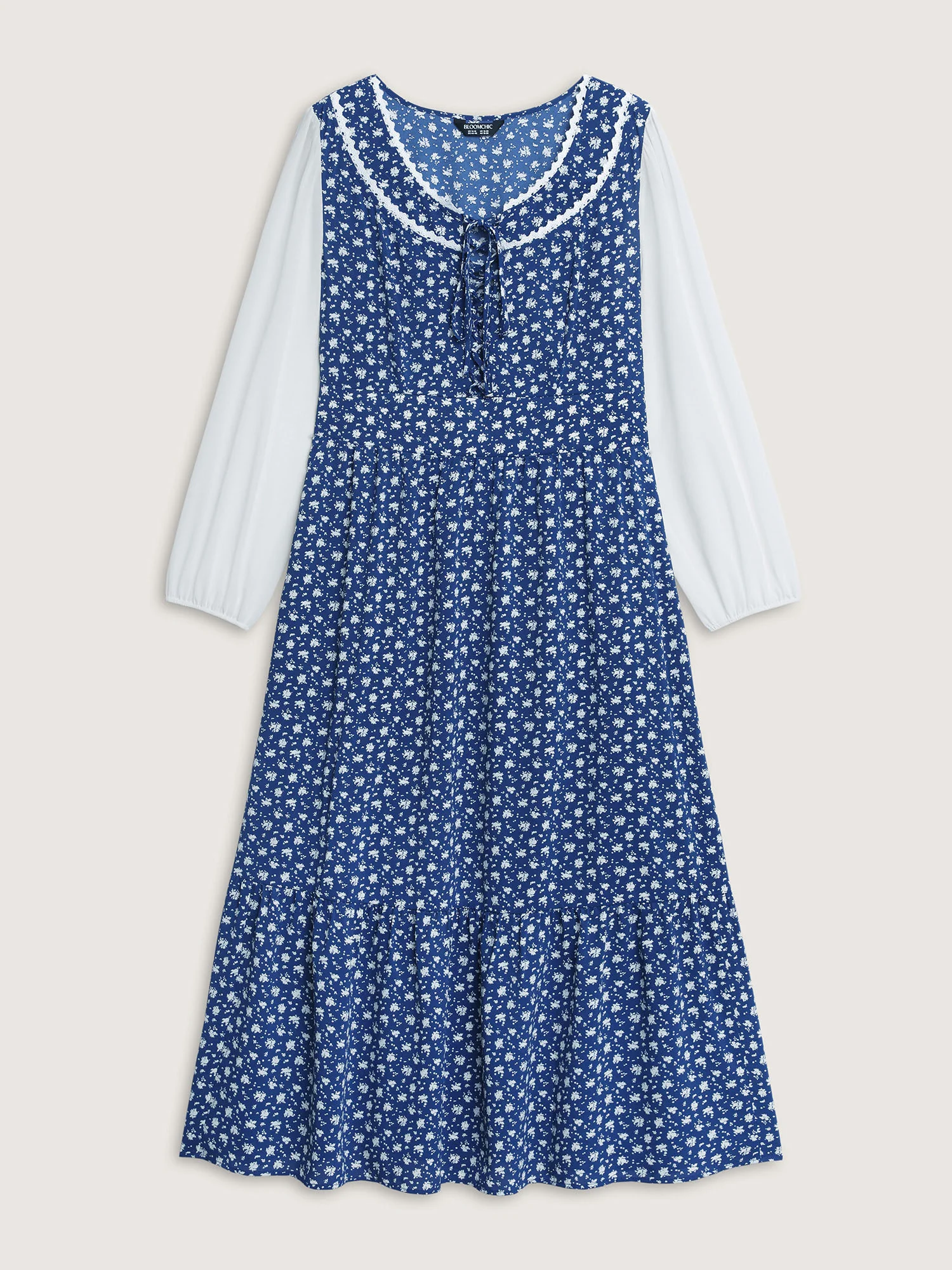 Floral Patchwork Drawstring Lace Trim Maxi Dress - Image 7