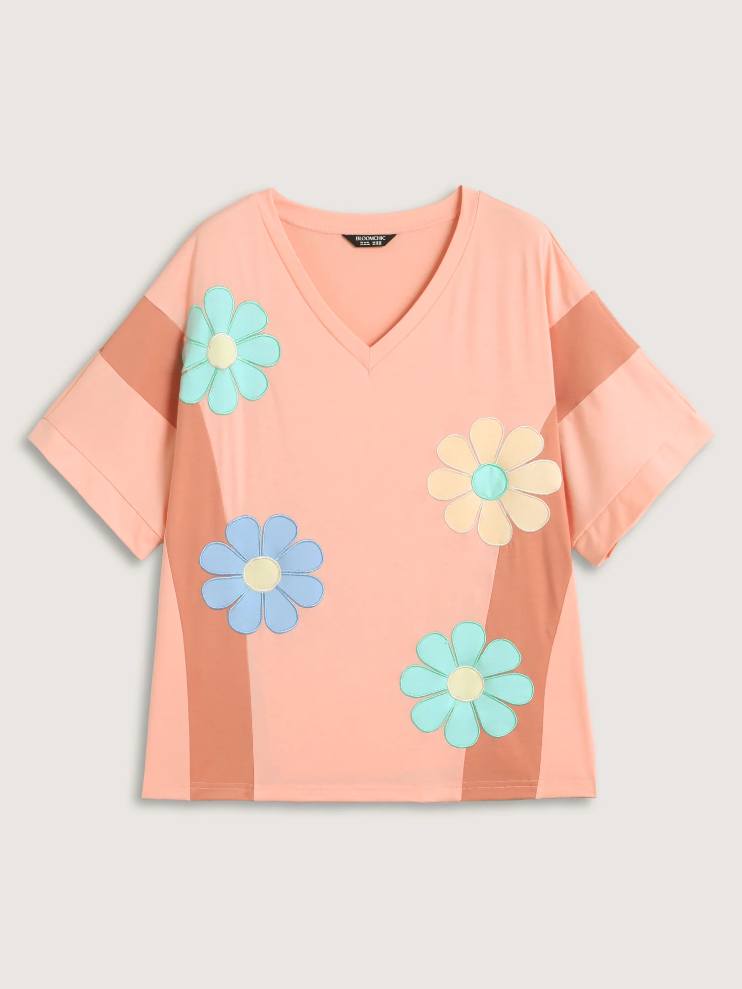 Floral Patchwork Embroidery Color Block T-Shirt - Image 6
